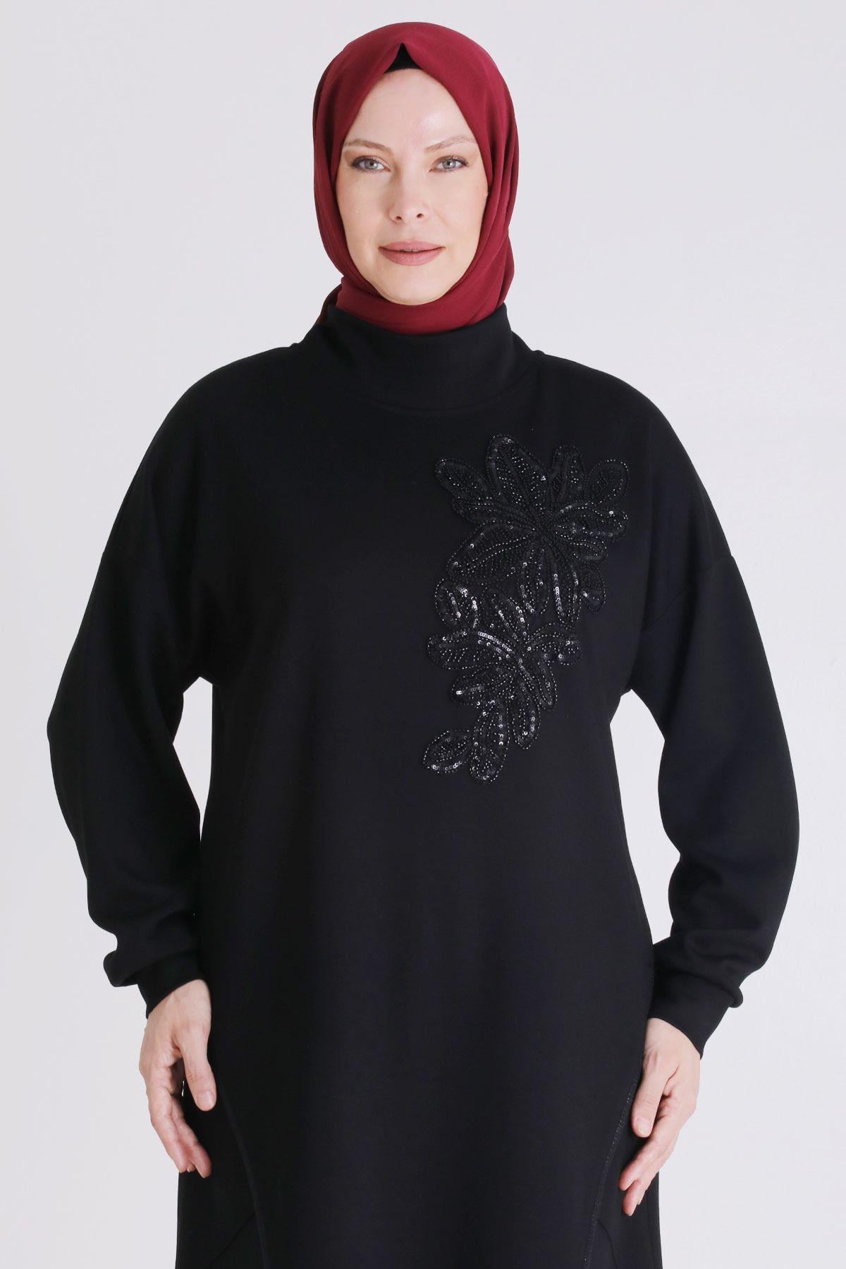 Behrem Çiçek Desenli Payet İşlemeli Pantolonlu Tesettür Takım Siyah OTW3552