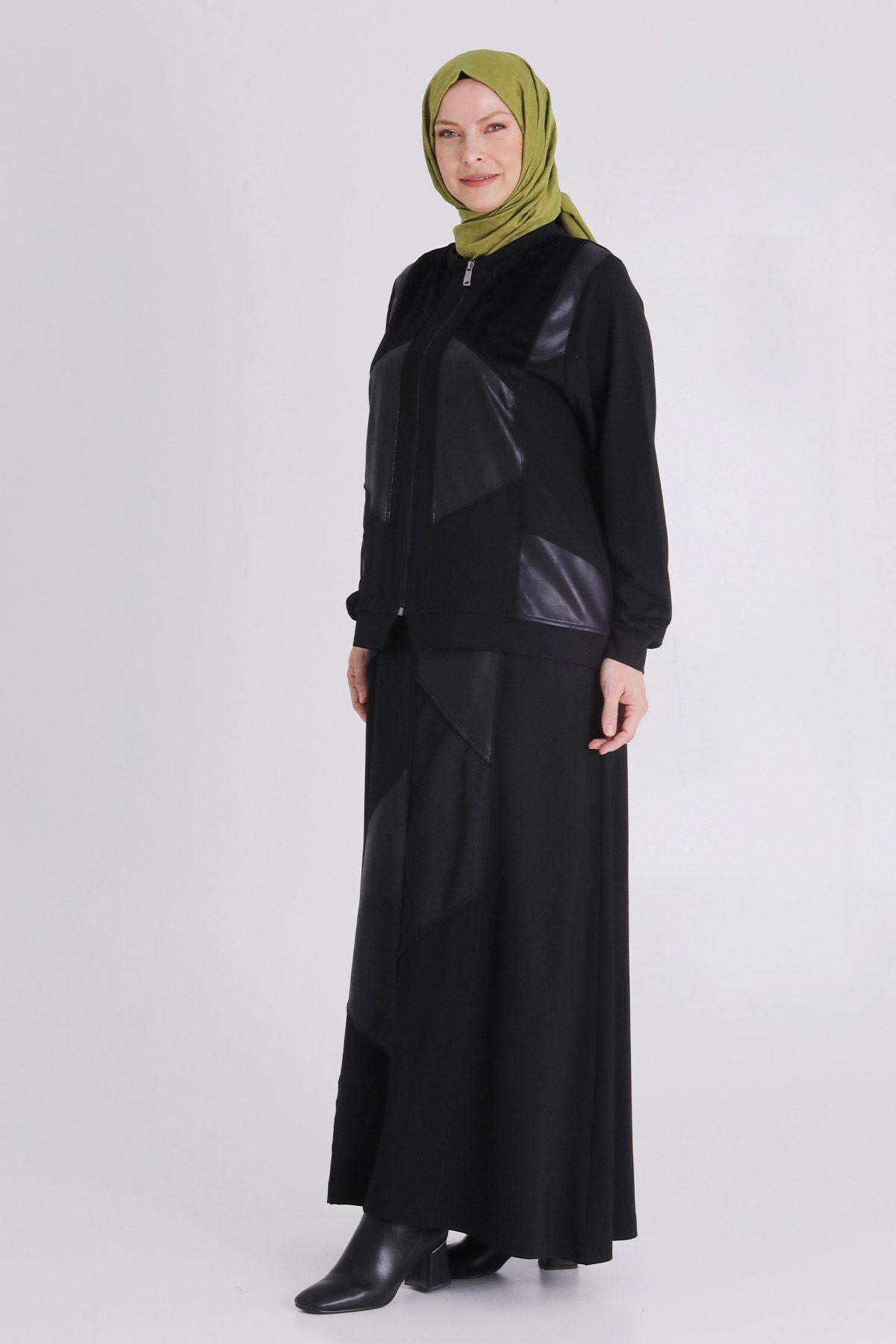 Behrem Fermuarlı Deri Görünümlü Etekli Takım Siyah OTW35137