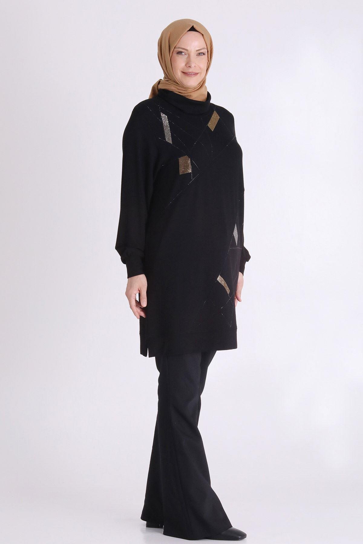 Behrem Geometrik Taş İşlemeli Tesettür Tunik Siyah OTW20129