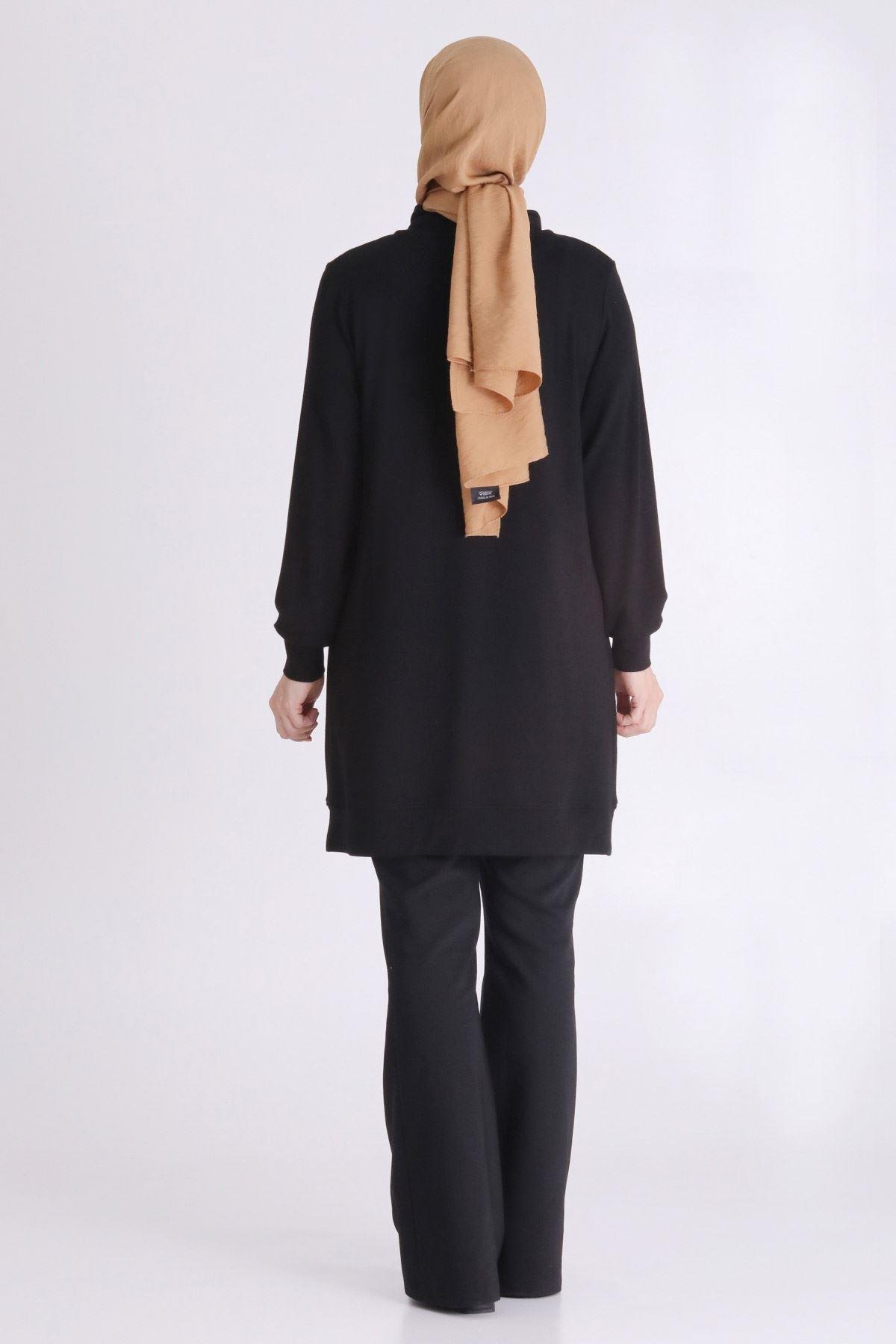 Behrem Geometrik Taş İşlemeli Tesettür Tunik Siyah OTW20129