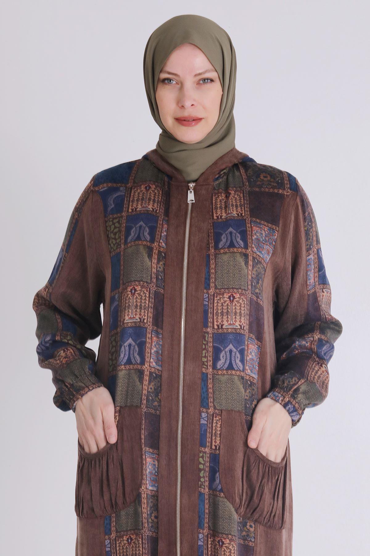 Behrem Patchwork Desenli Lyocel Kap Kahve OTW25123