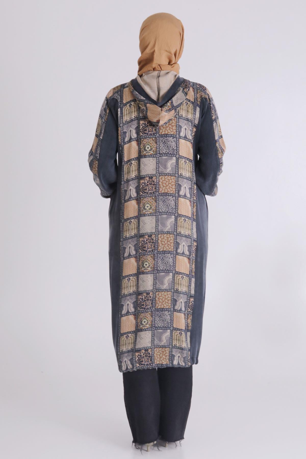 Behrem Patchwork Desenli Lyocel Kap Siyah OTW25123