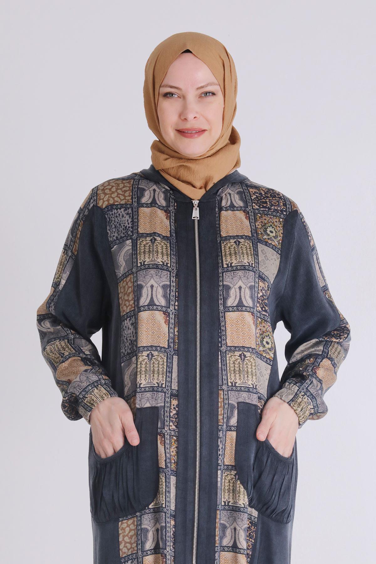 Behrem Patchwork Desenli Lyocel Kap Siyah OTW25123