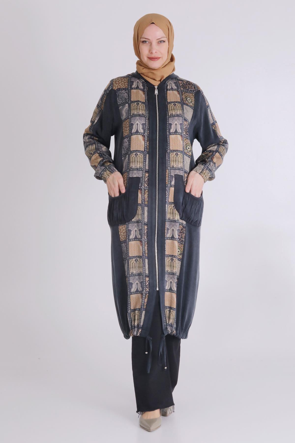 Behrem Patchwork Desenli Lyocel Kap Siyah OTW25123