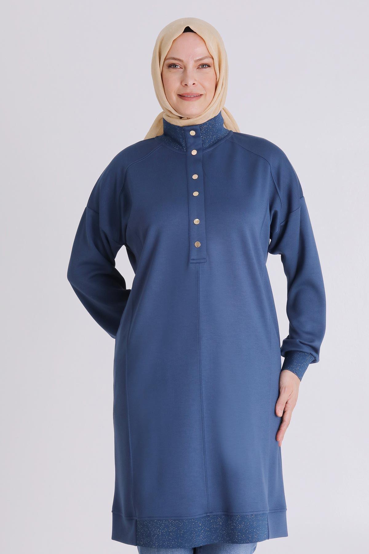 Behrem Ribanalı Spor Büyük Beden Tunik İndigo OTW2060