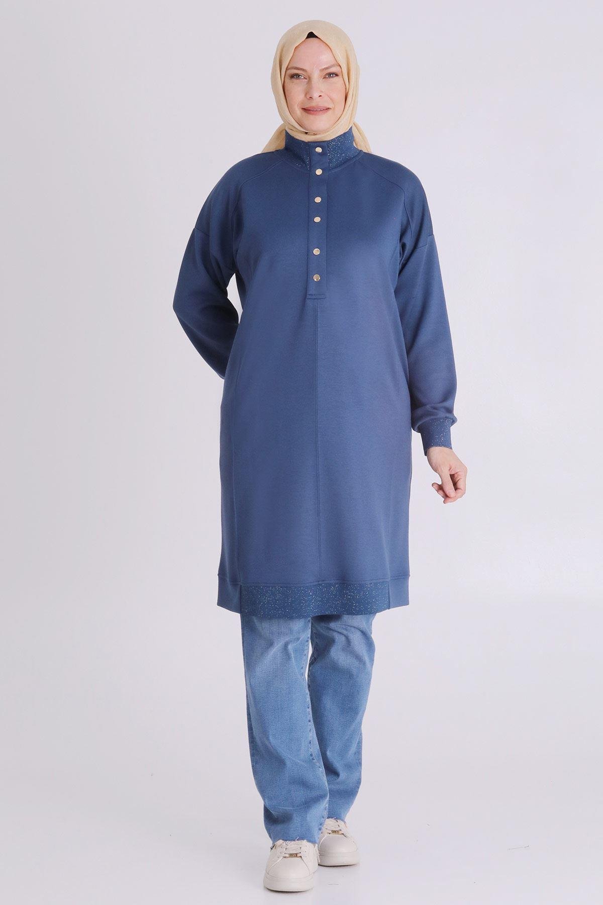 Behrem Ribanalı Spor Büyük Beden Tunik İndigo OTW2060