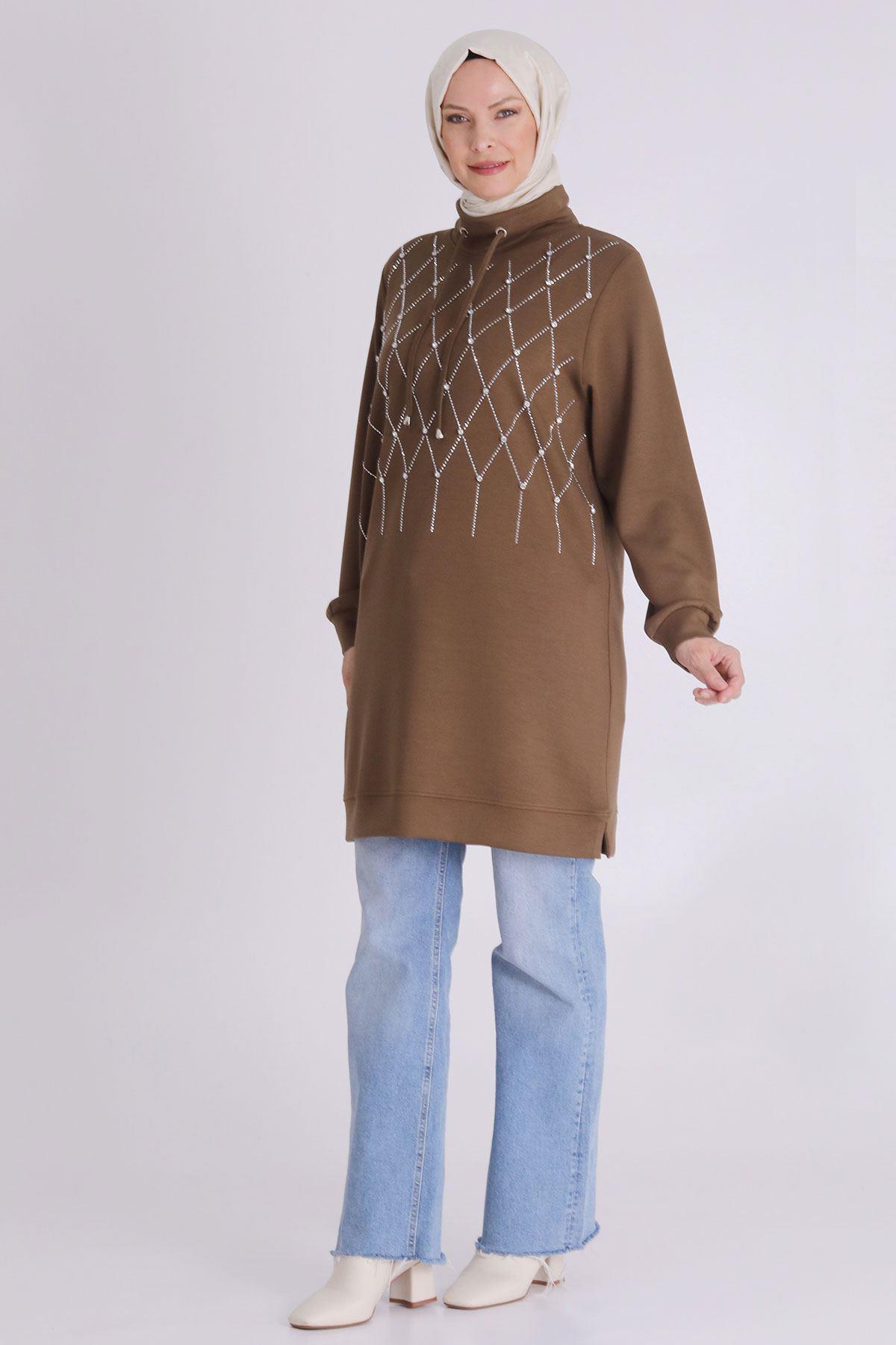 Behrem Taşlı Yaka Bağcıklı Tunik Vizon OTW2062