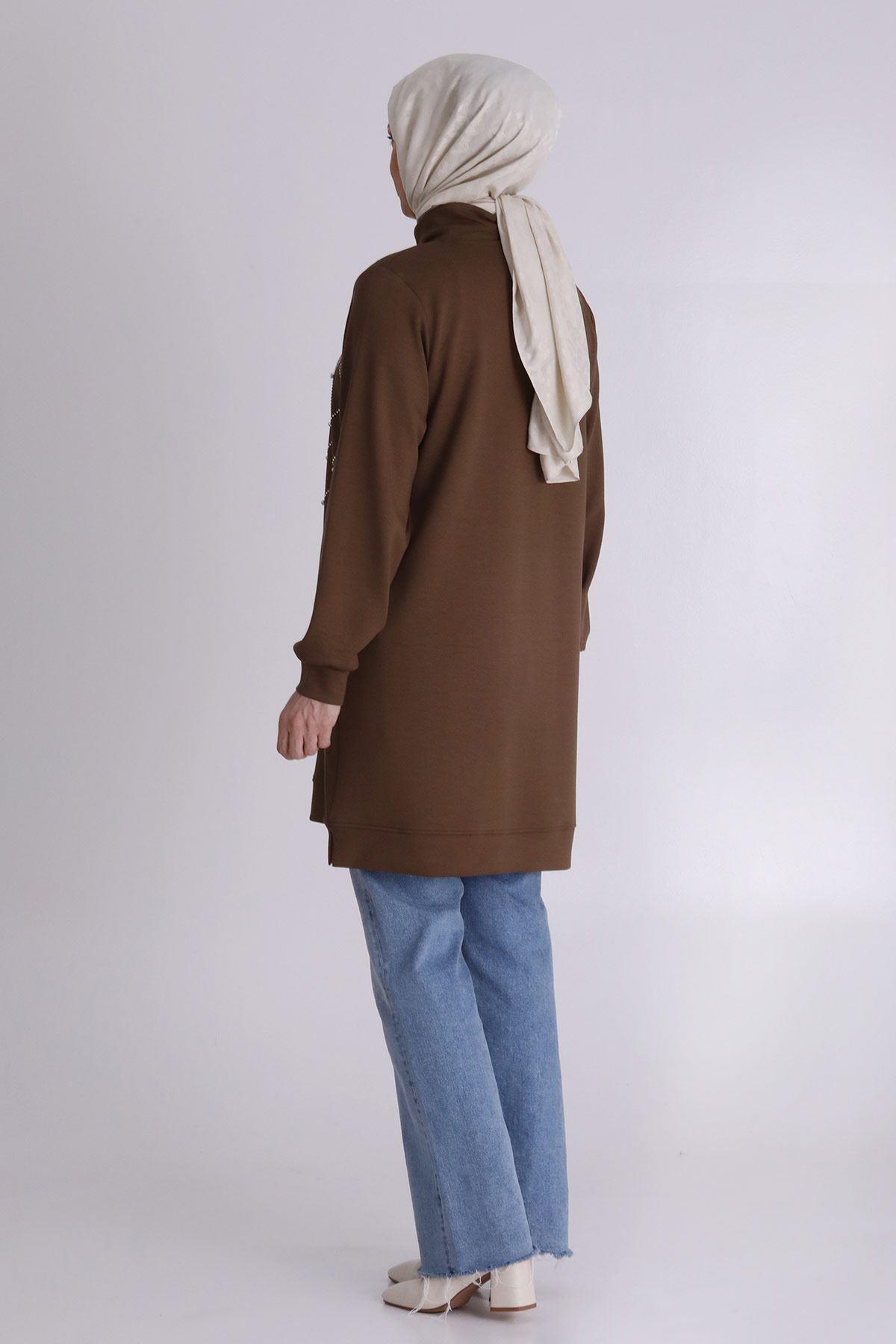 Behrem Taşlı Yaka Bağcıklı Tunik Vizon OTW2062