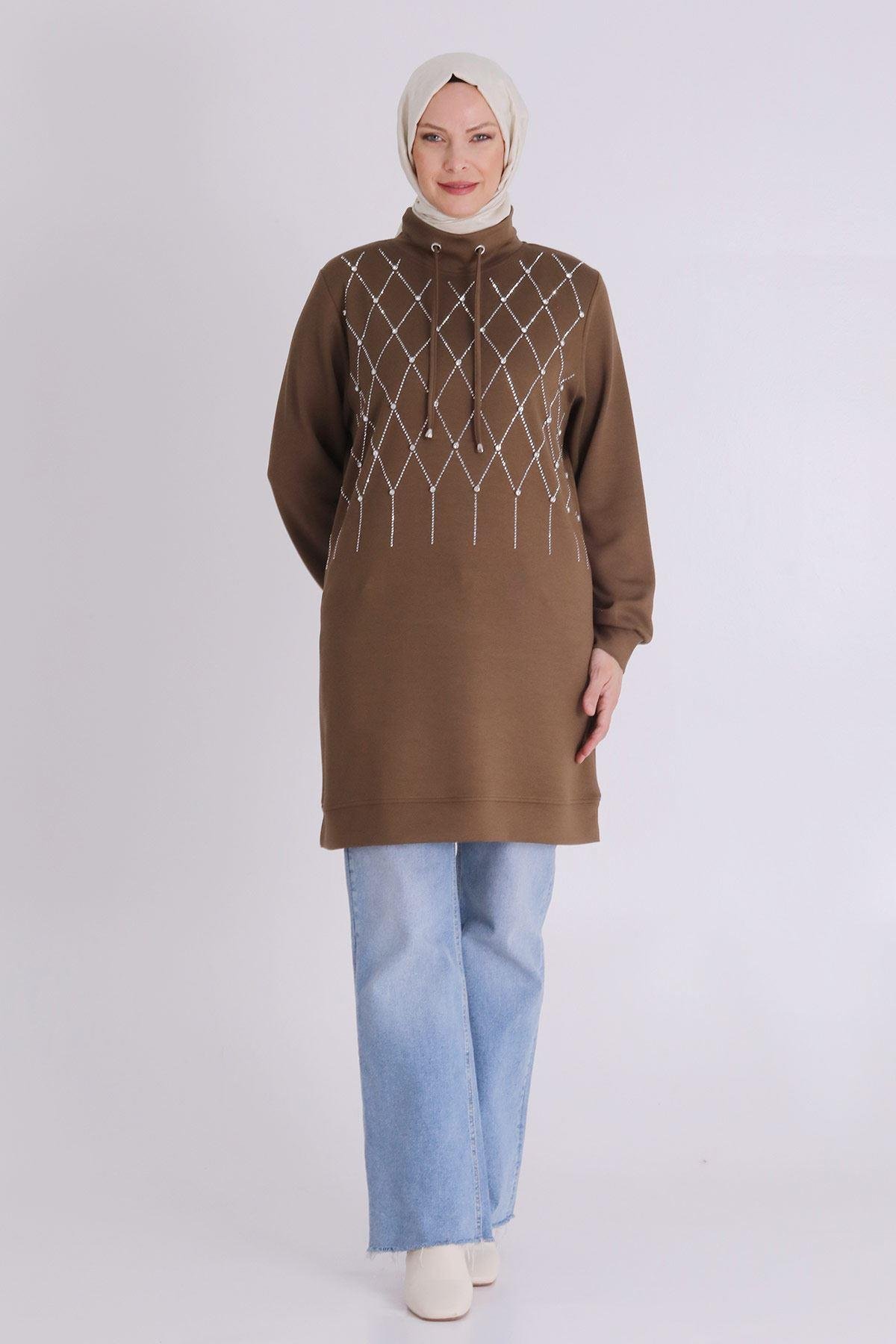 Behrem Taşlı Yaka Bağcıklı Tunik Vizon OTW2062