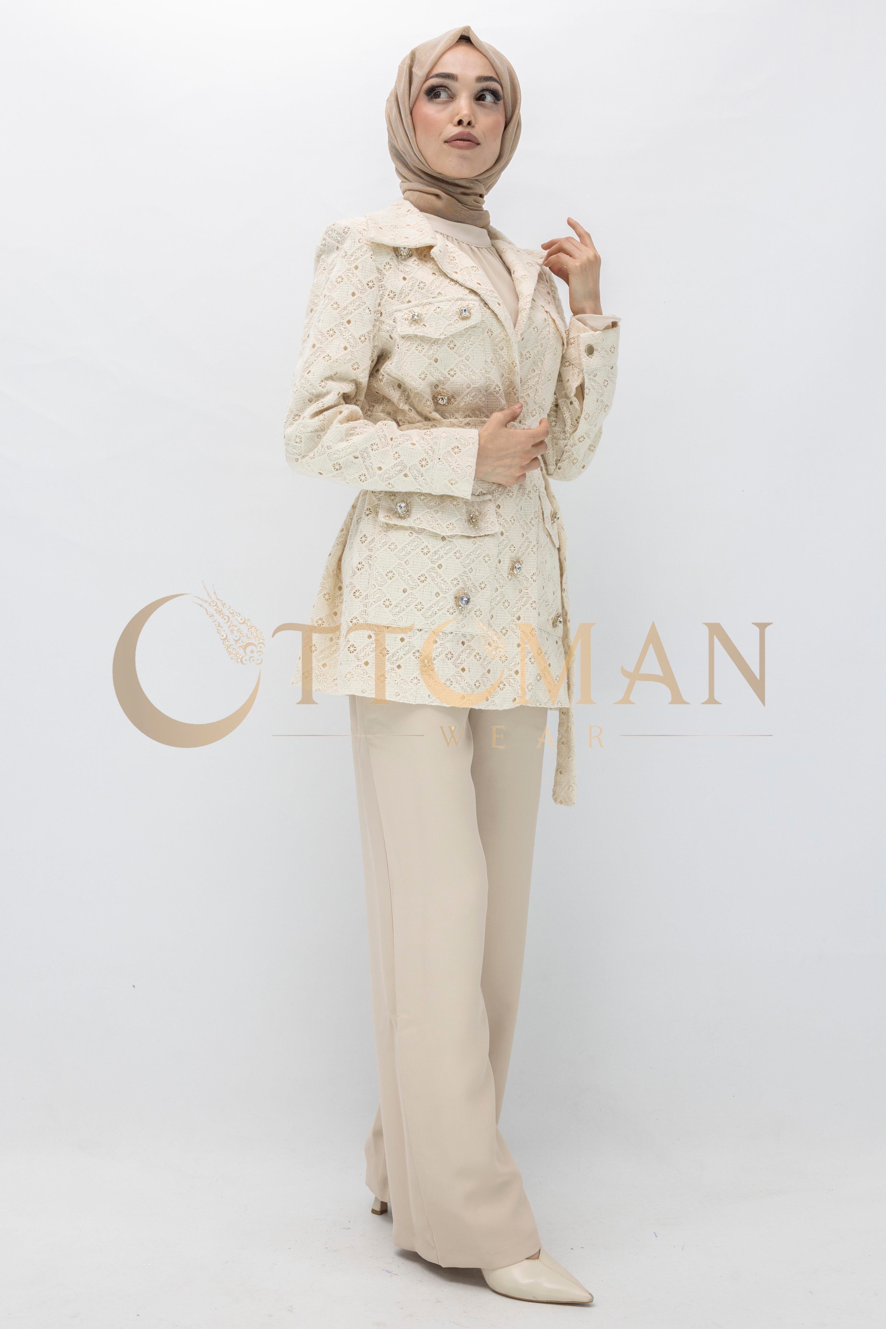Bej Taş Düğmeli Dantel Ceket  Bej OTW14230