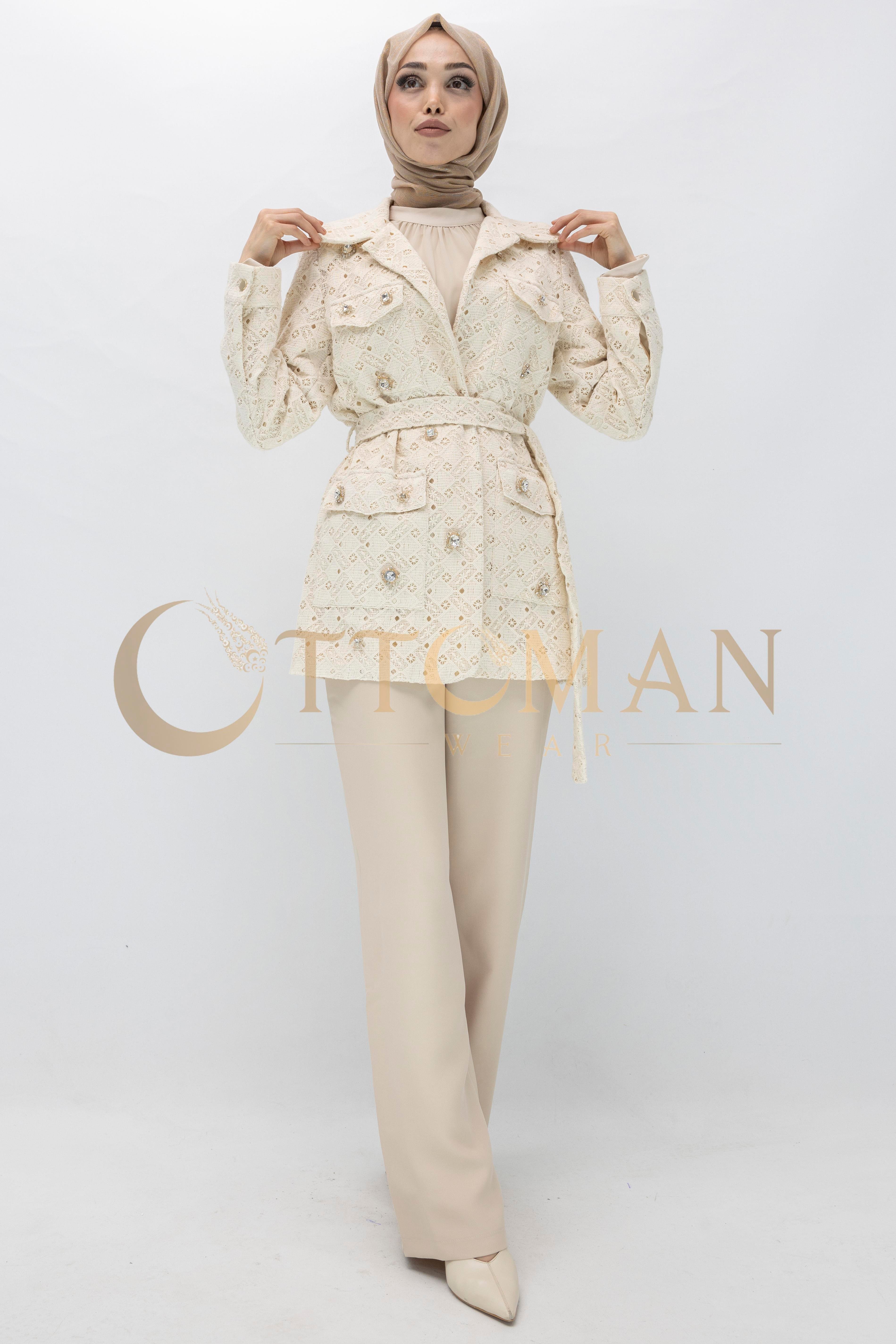 Bej Taş Düğmeli Dantel Ceket  Bej OTW14230