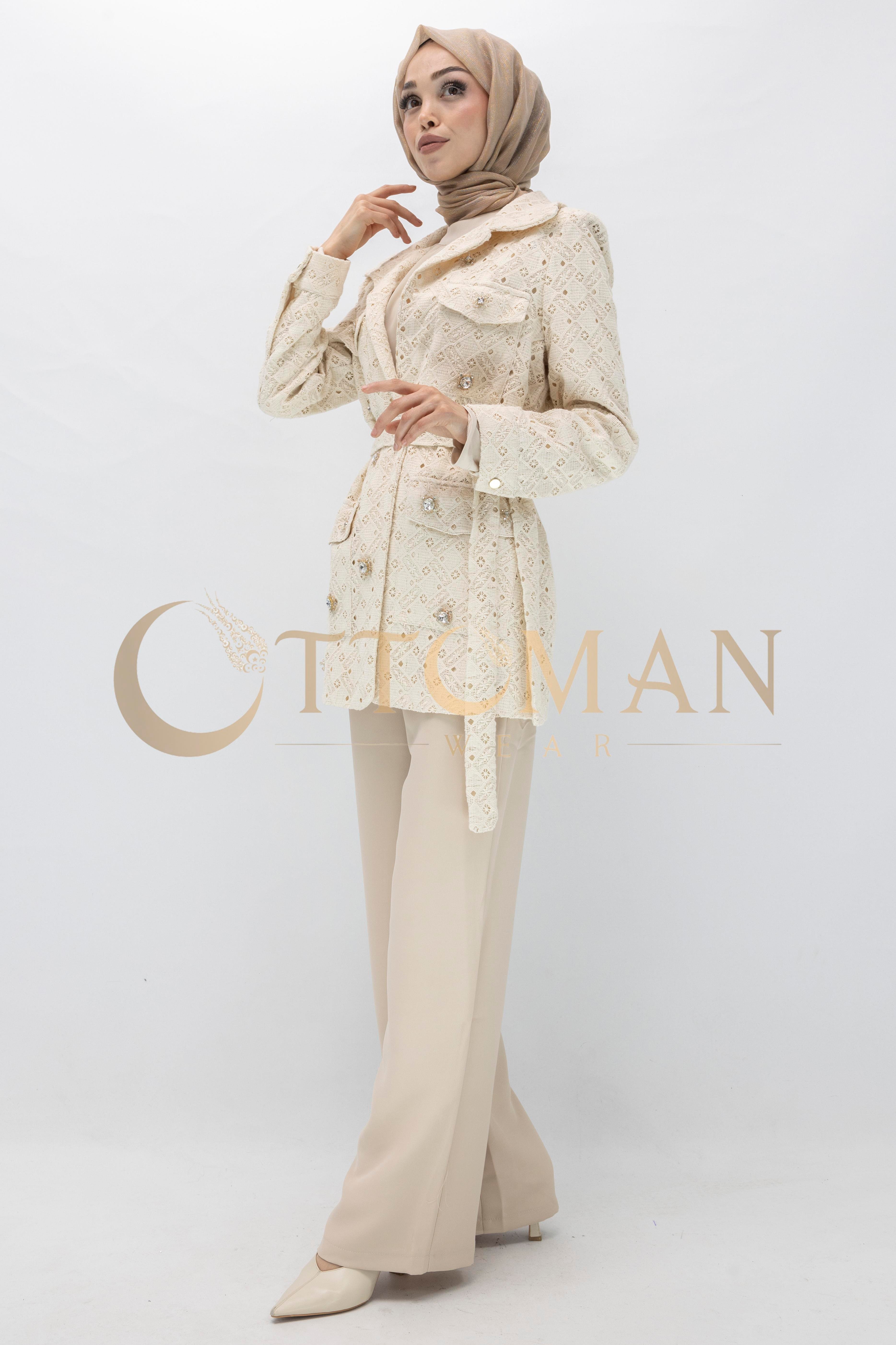 Bej Taş Düğmeli Dantel Ceket  Bej OTW14230