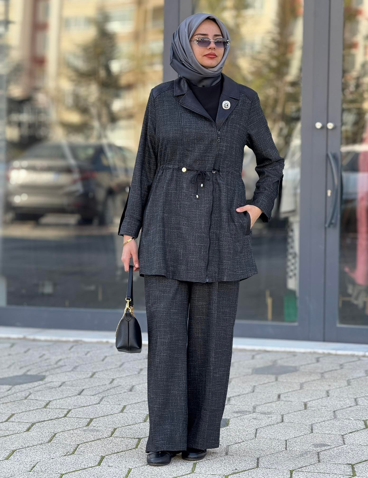 Bel Bağcıklı Pantolonlu Takım Siyah OTW45816