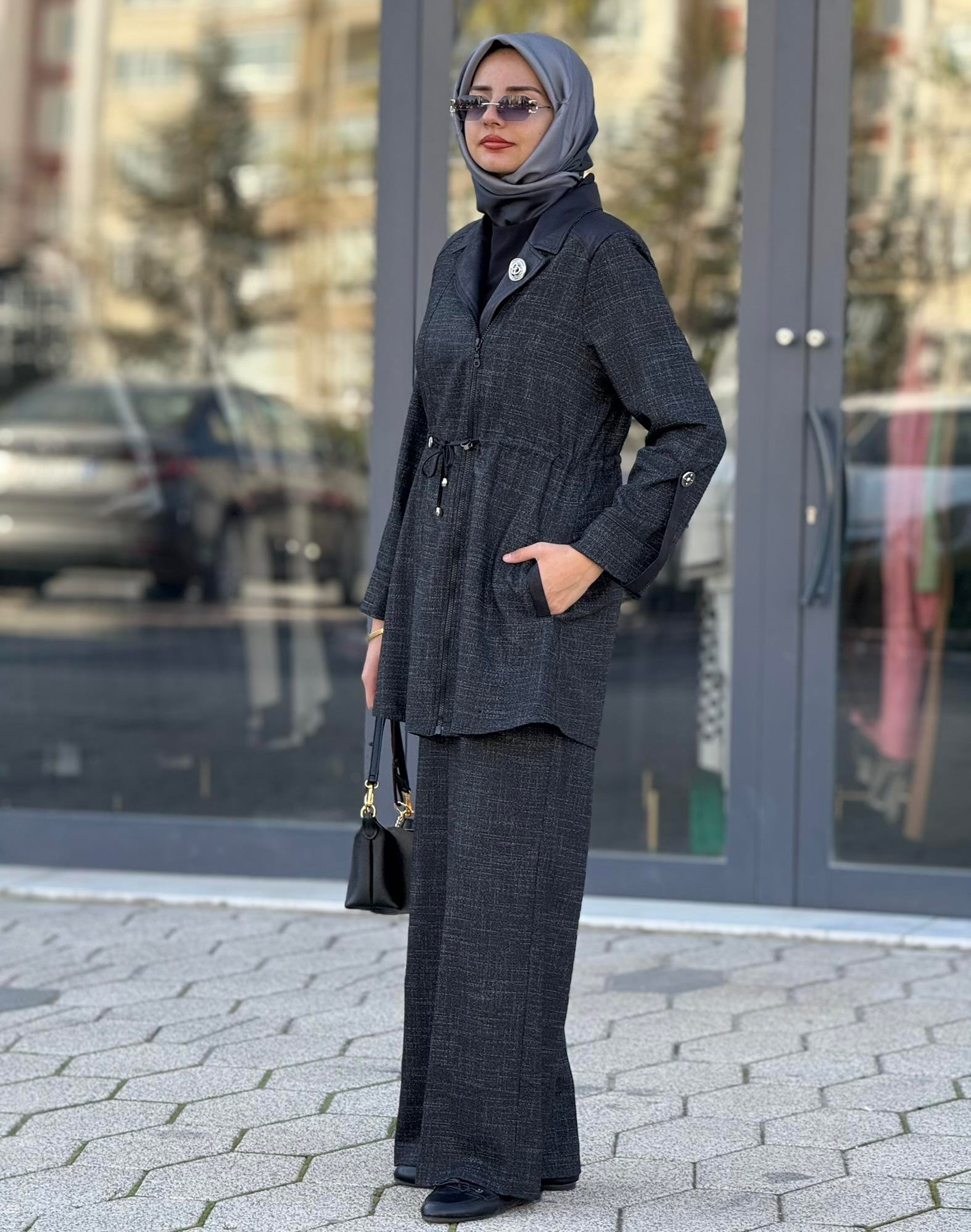 Bel Bağcıklı Pantolonlu Takım Siyah OTW45816