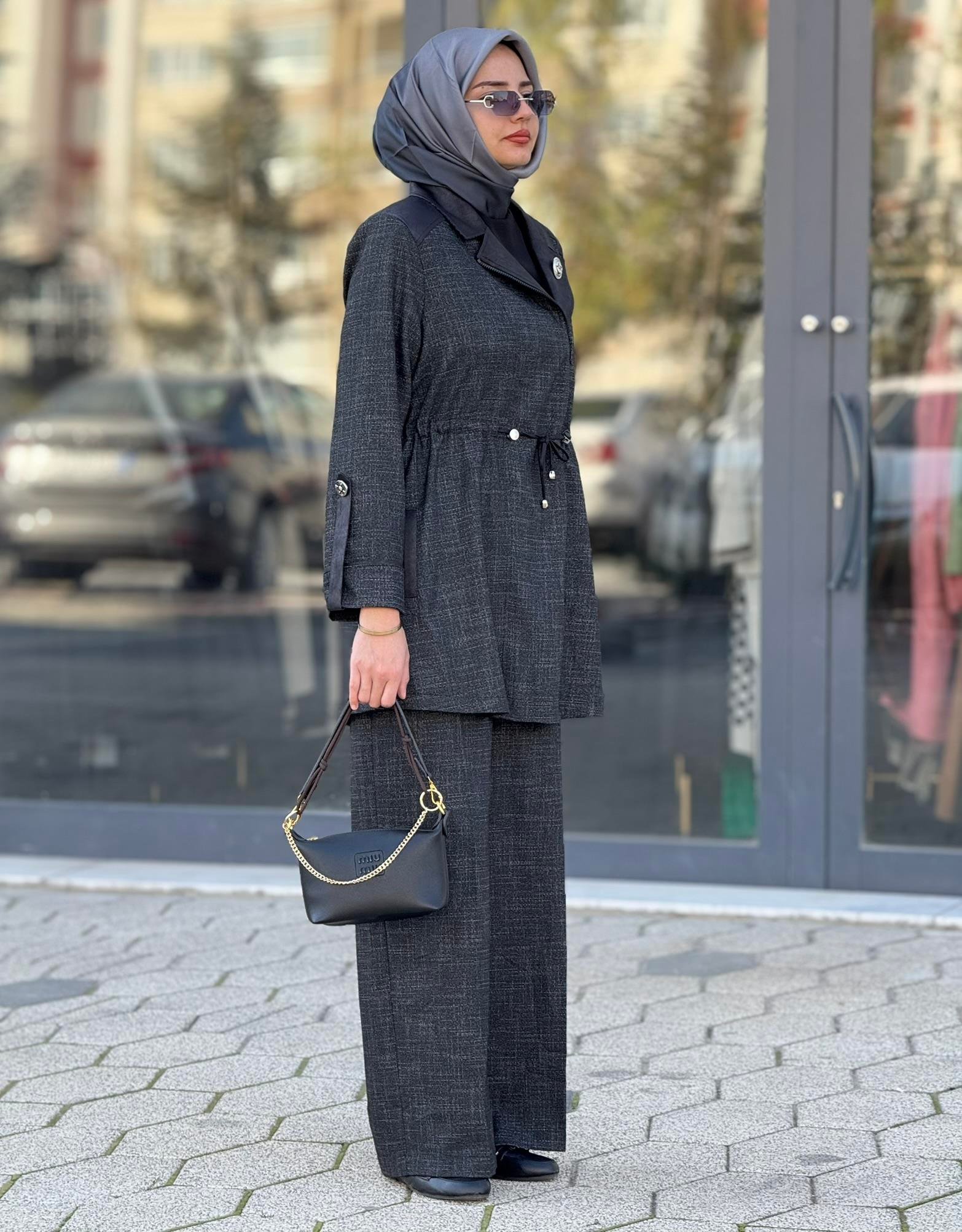 Bel Bağcıklı Pantolonlu Takım Siyah OTW45816