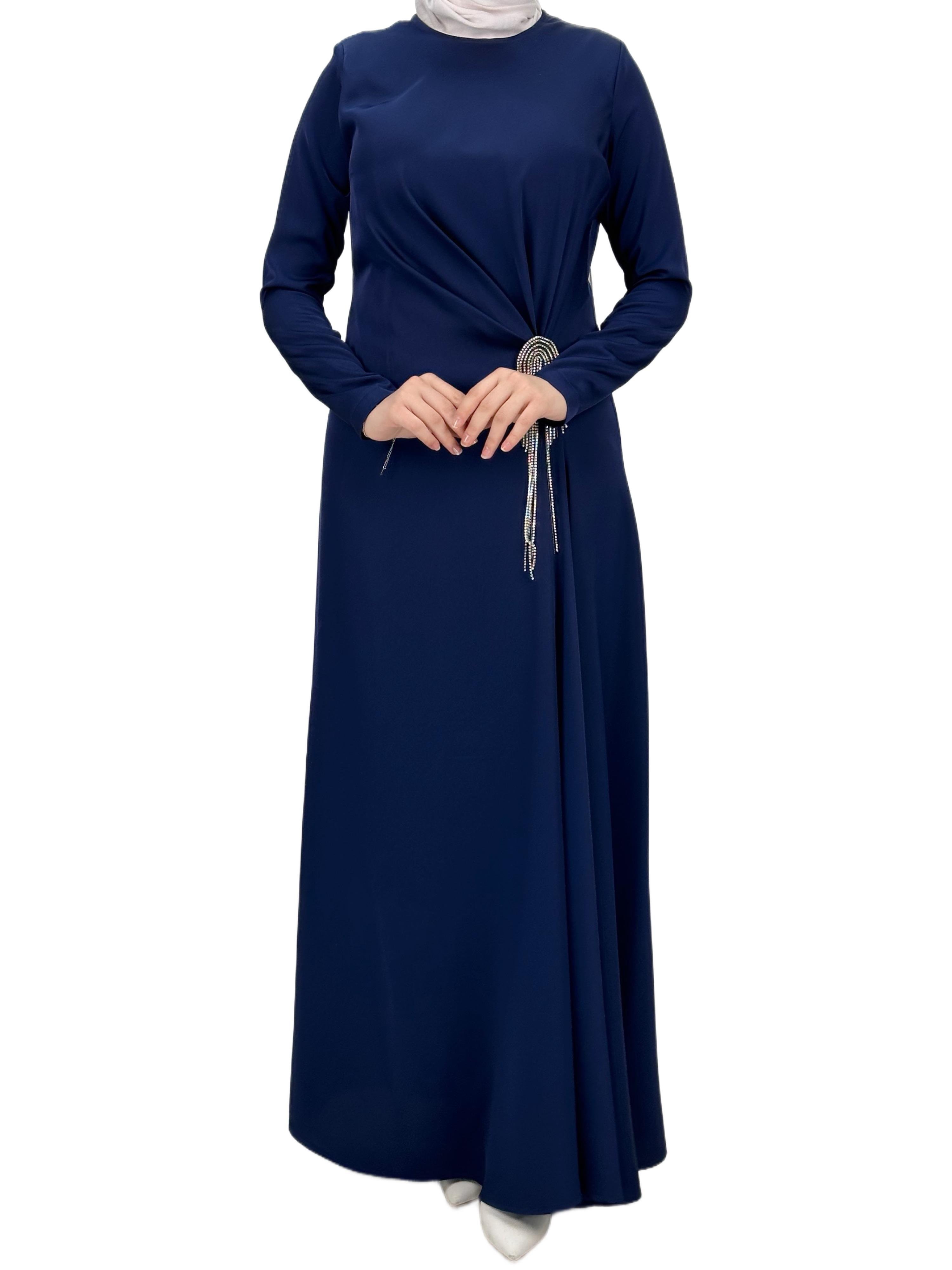 Bel Büzgülü Saten Elbise Lacivert OTW36225