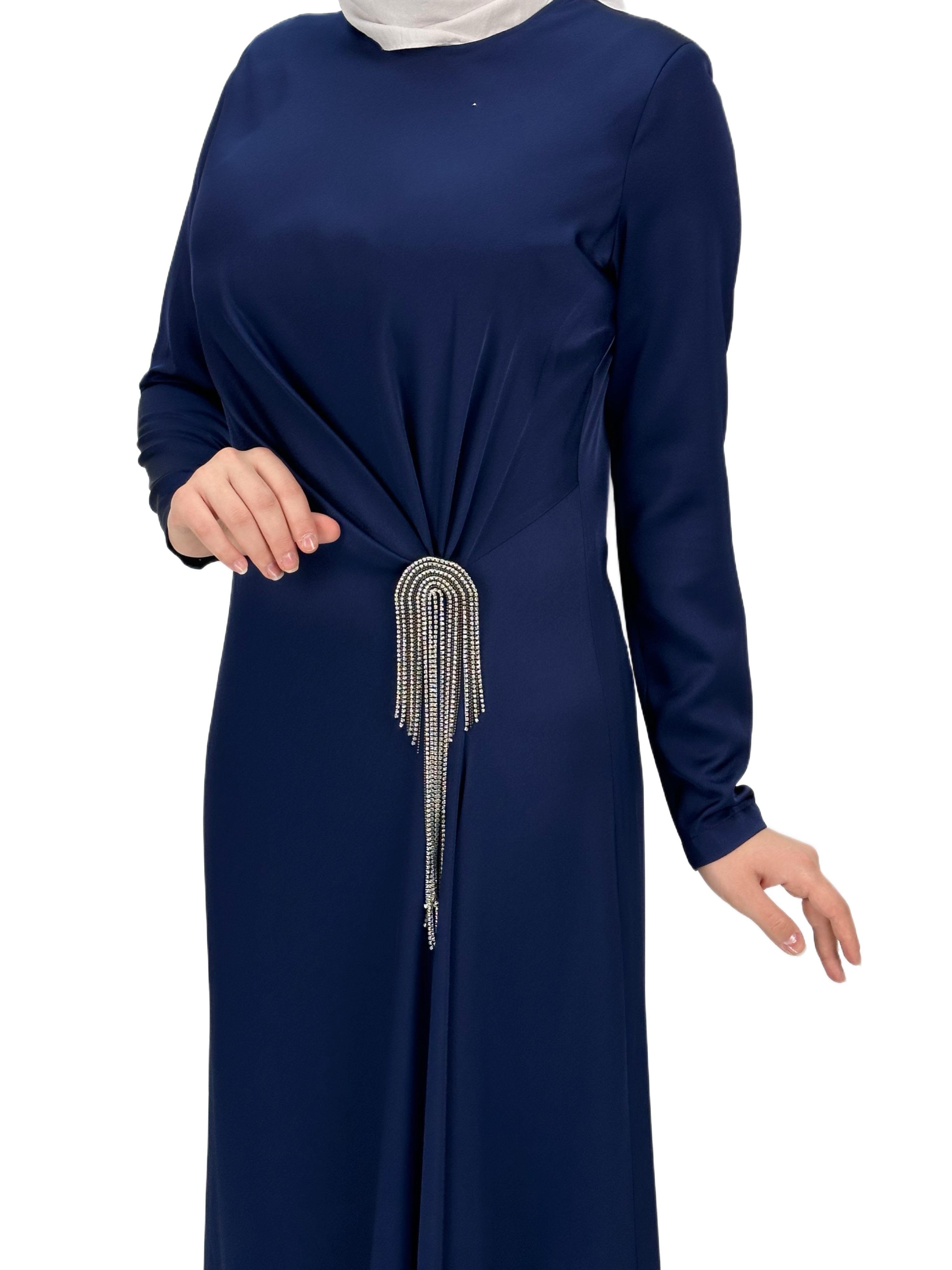 Bel Büzgülü Saten Elbise Lacivert OTW36225