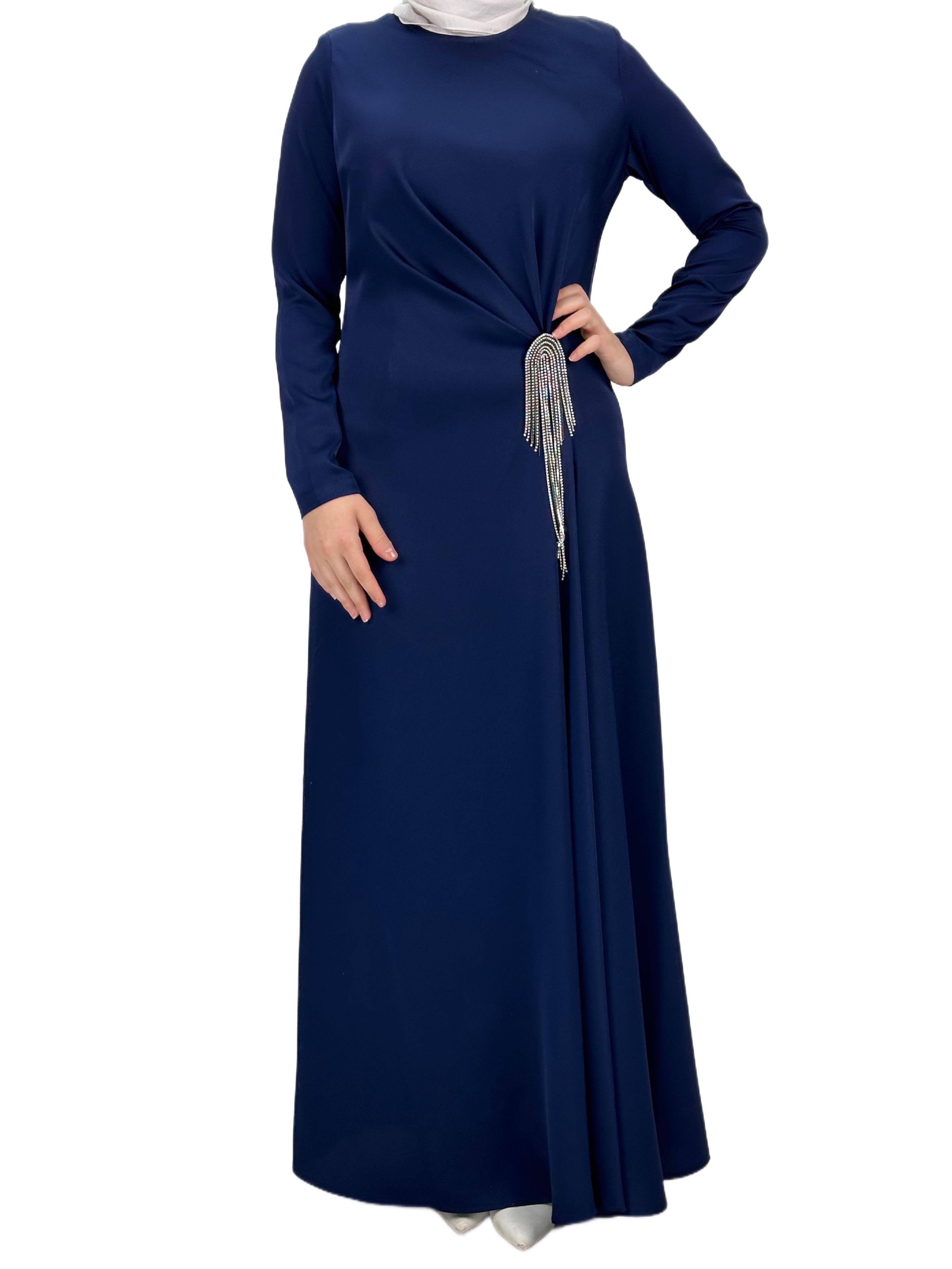 Bel Büzgülü Saten Elbise Lacivert OTW36225