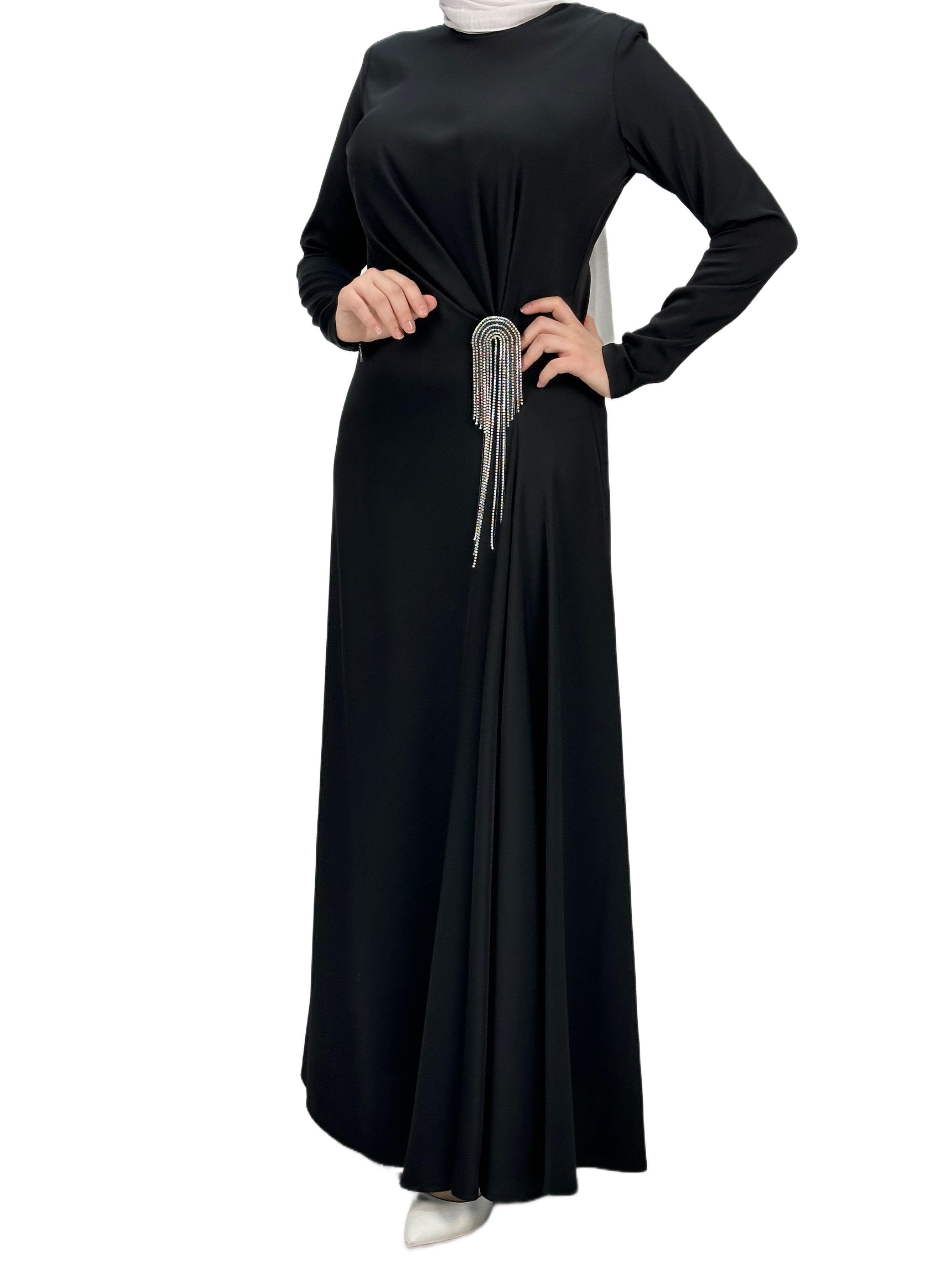 Bel Büzgülü Saten Elbise Siyah OTW36225