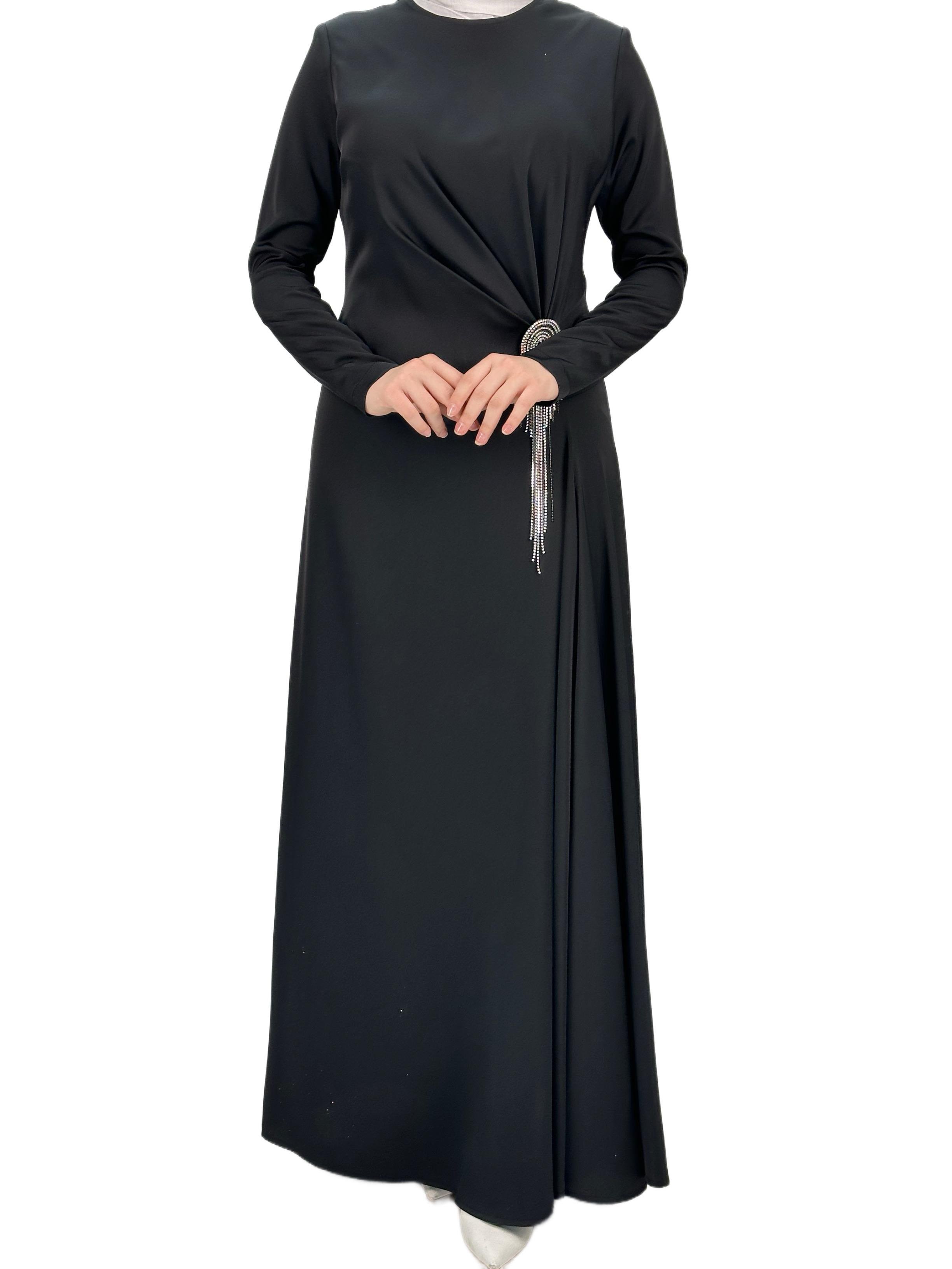 Bel Büzgülü Saten Elbise Siyah OTW36225
