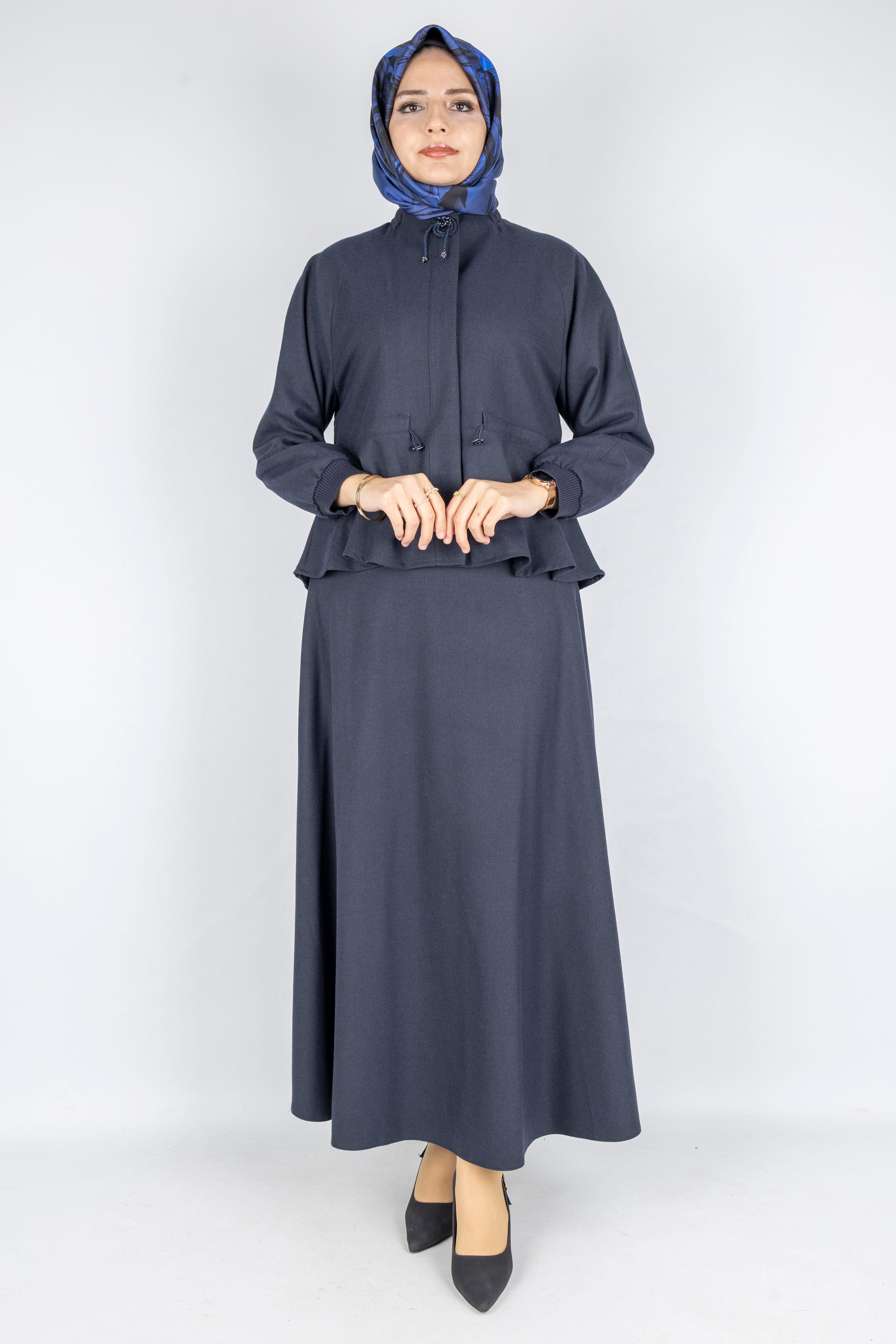 Belden Büzgülü Kaşe Ceketli Etek Takım Lacivert OTW3320