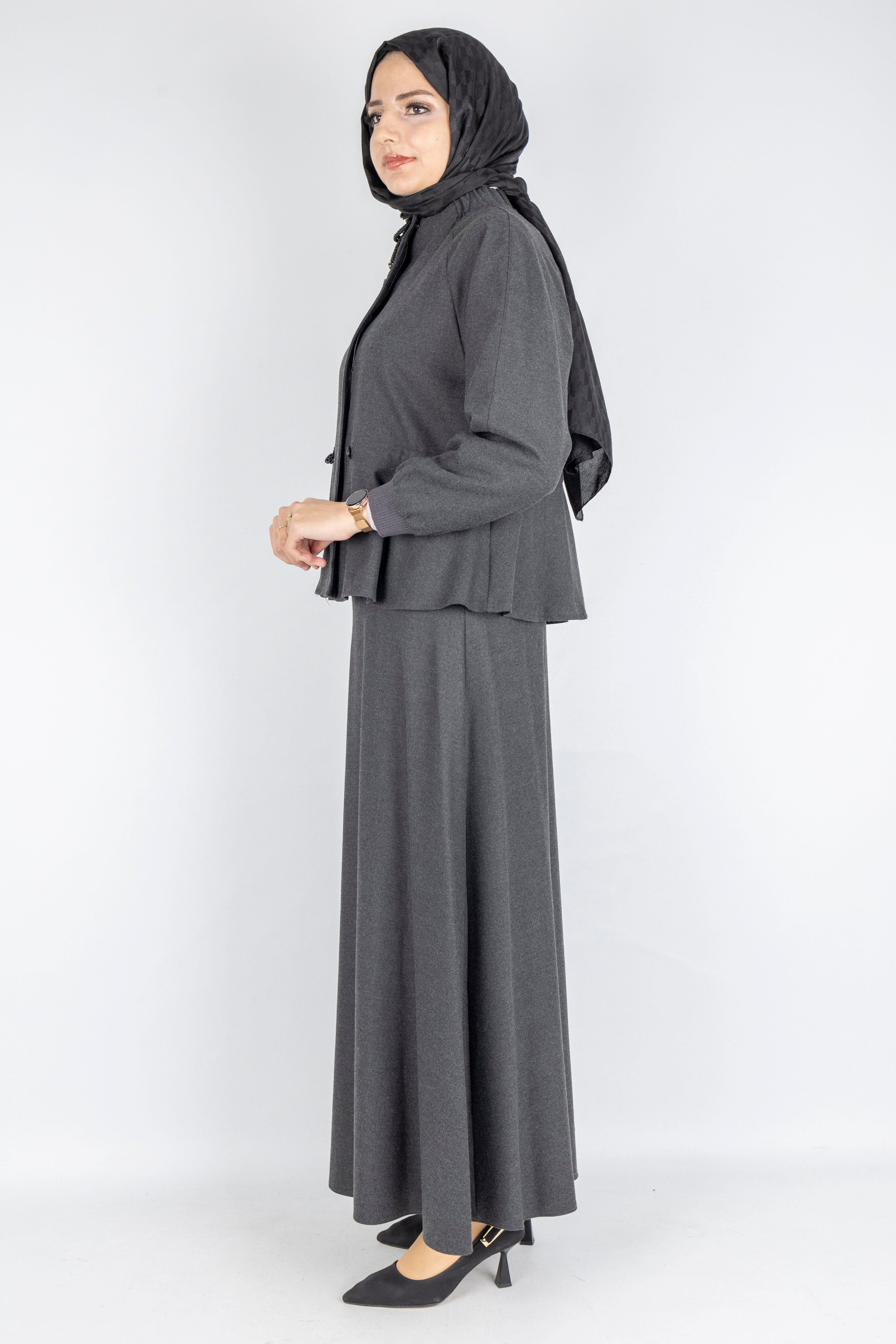 Belden Büzgülü Kaşe Ceketli Etek Takım Füme OTW3320