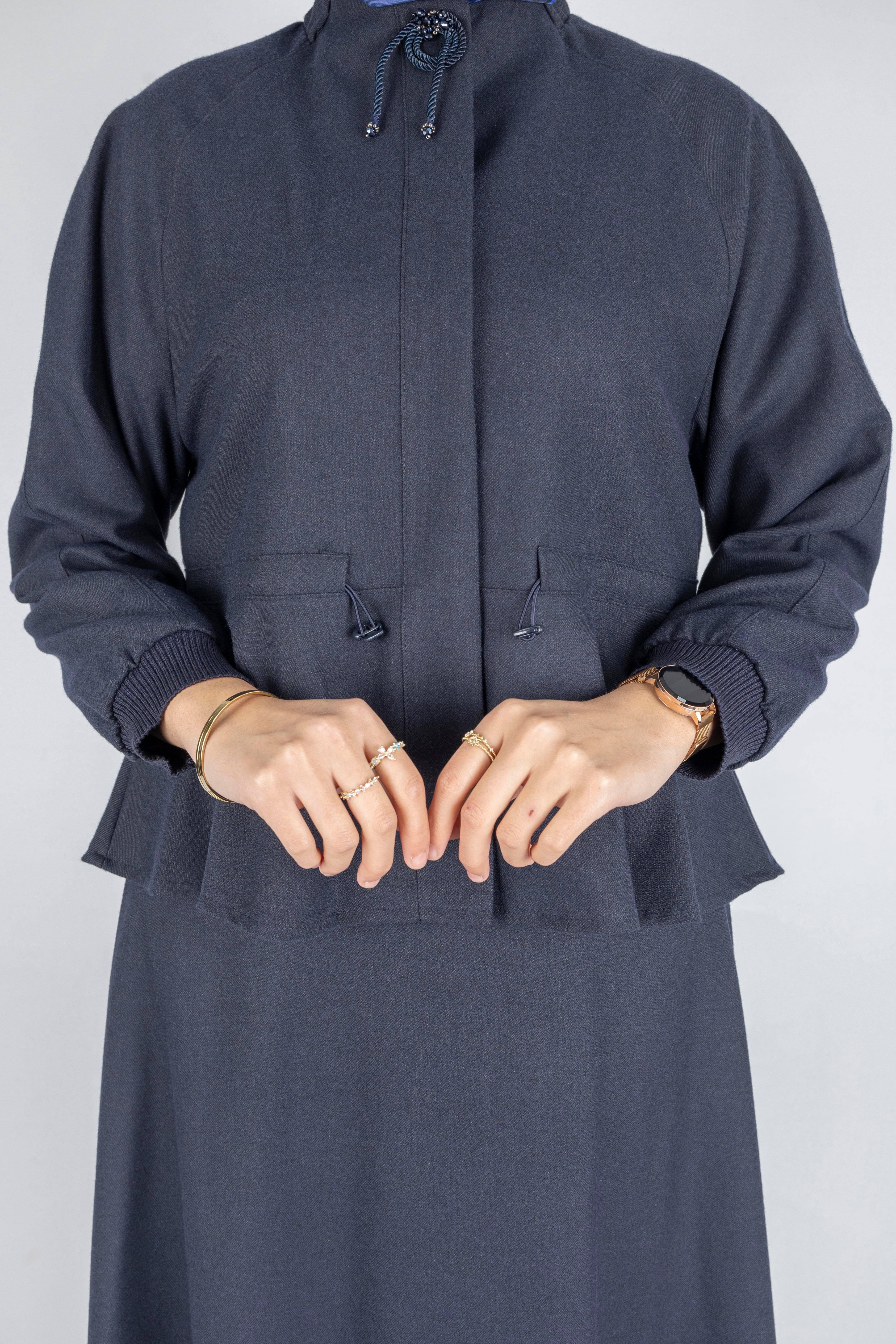 Belden Büzgülü Kaşe Ceketli Etek Takım Lacivert OTW3320