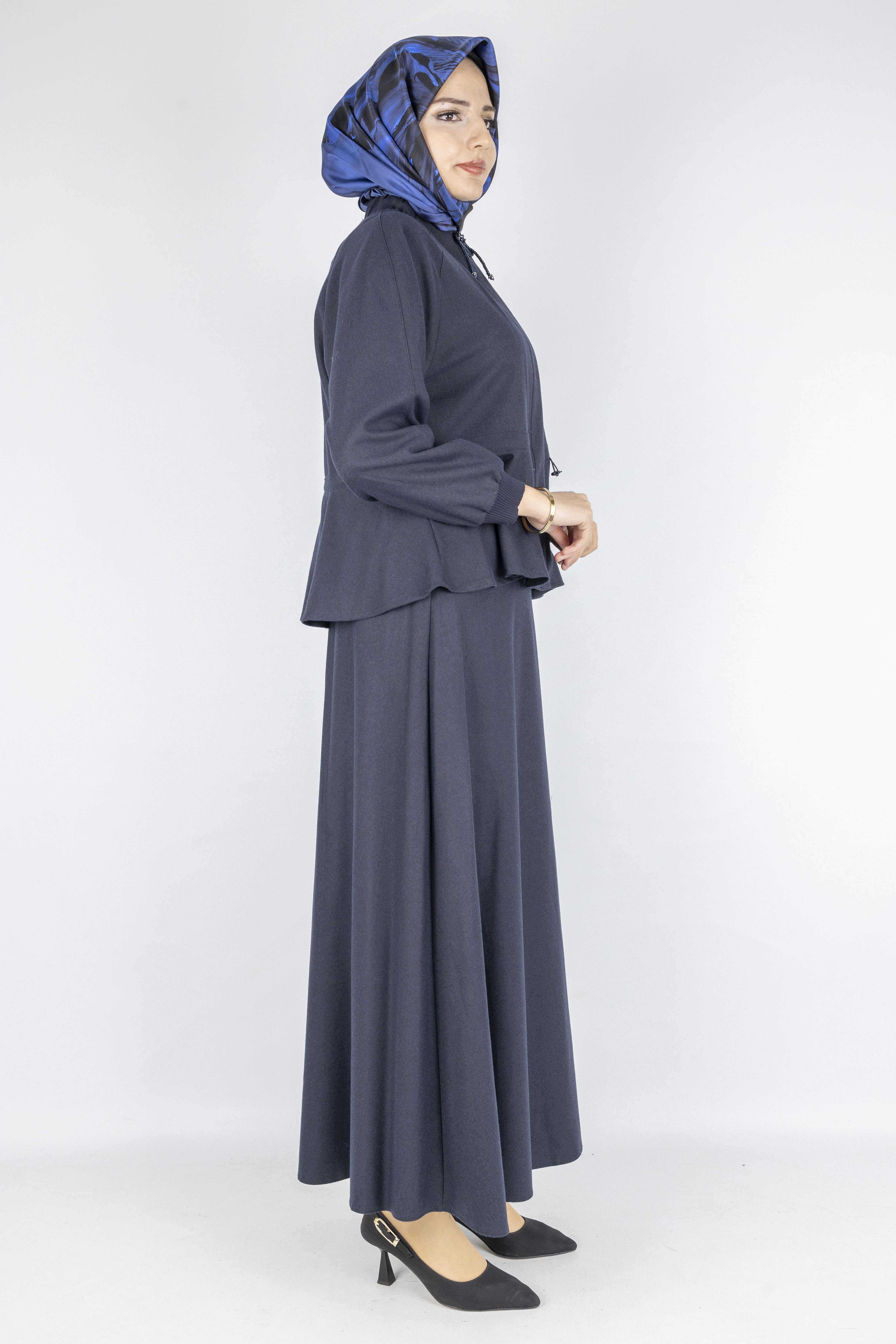 Belden Büzgülü Kaşe Ceketli Etek Takım Lacivert OTW3320