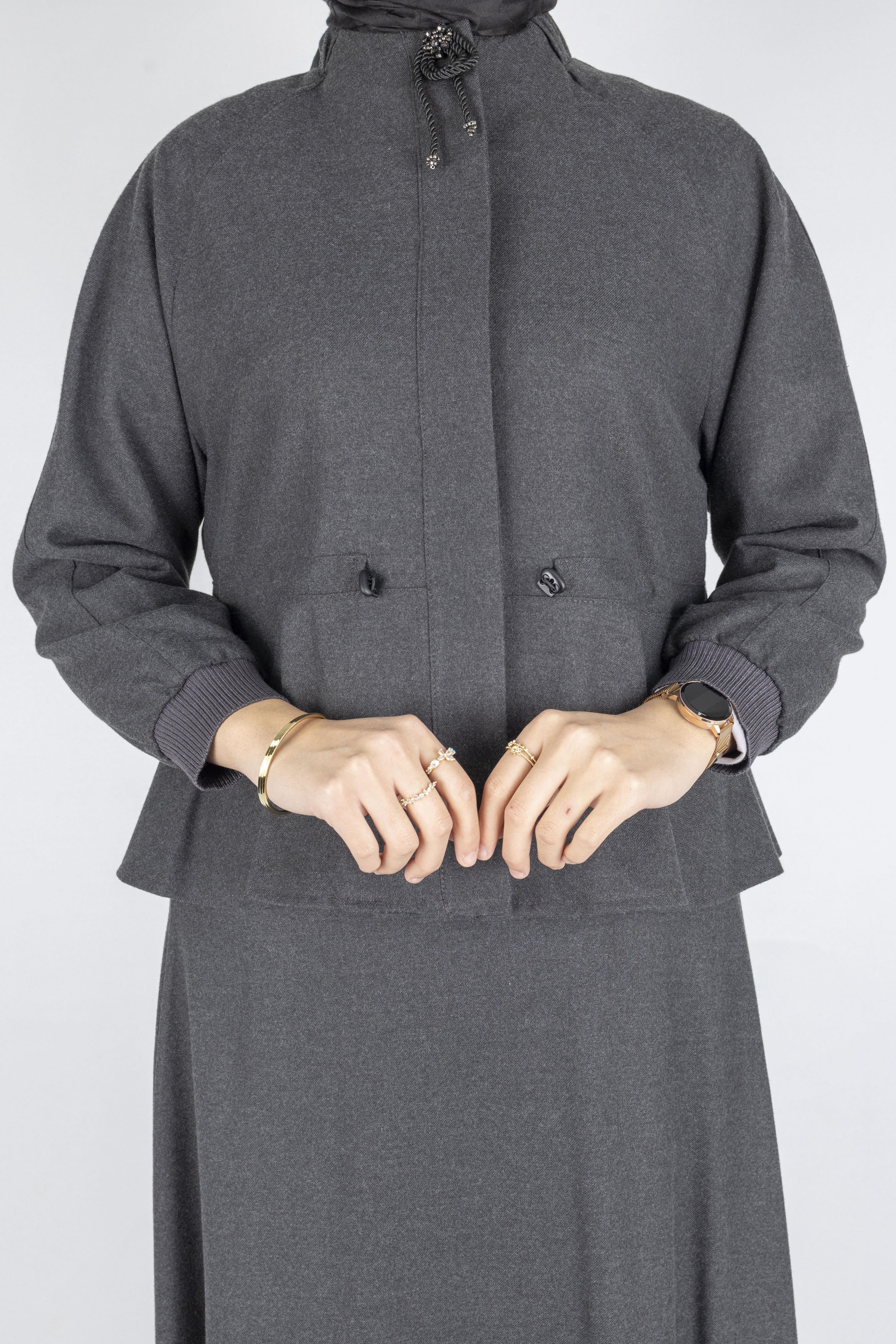 Belden Büzgülü Kaşe Ceketli Etek Takım Füme OTW3320