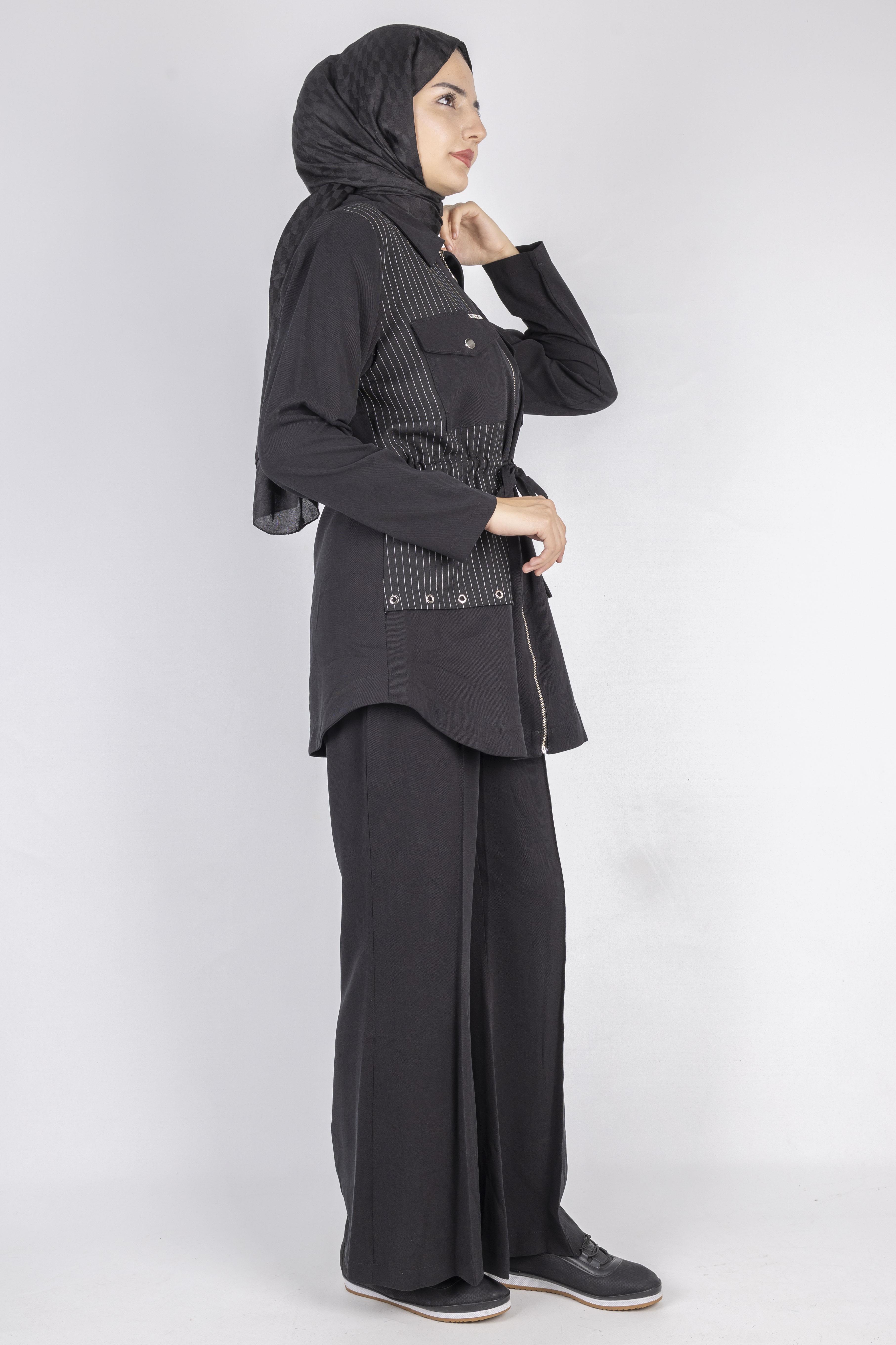 Beli Bağcıklı Spor Şık Çizgi Detaylı Takım Siyah OTW2660