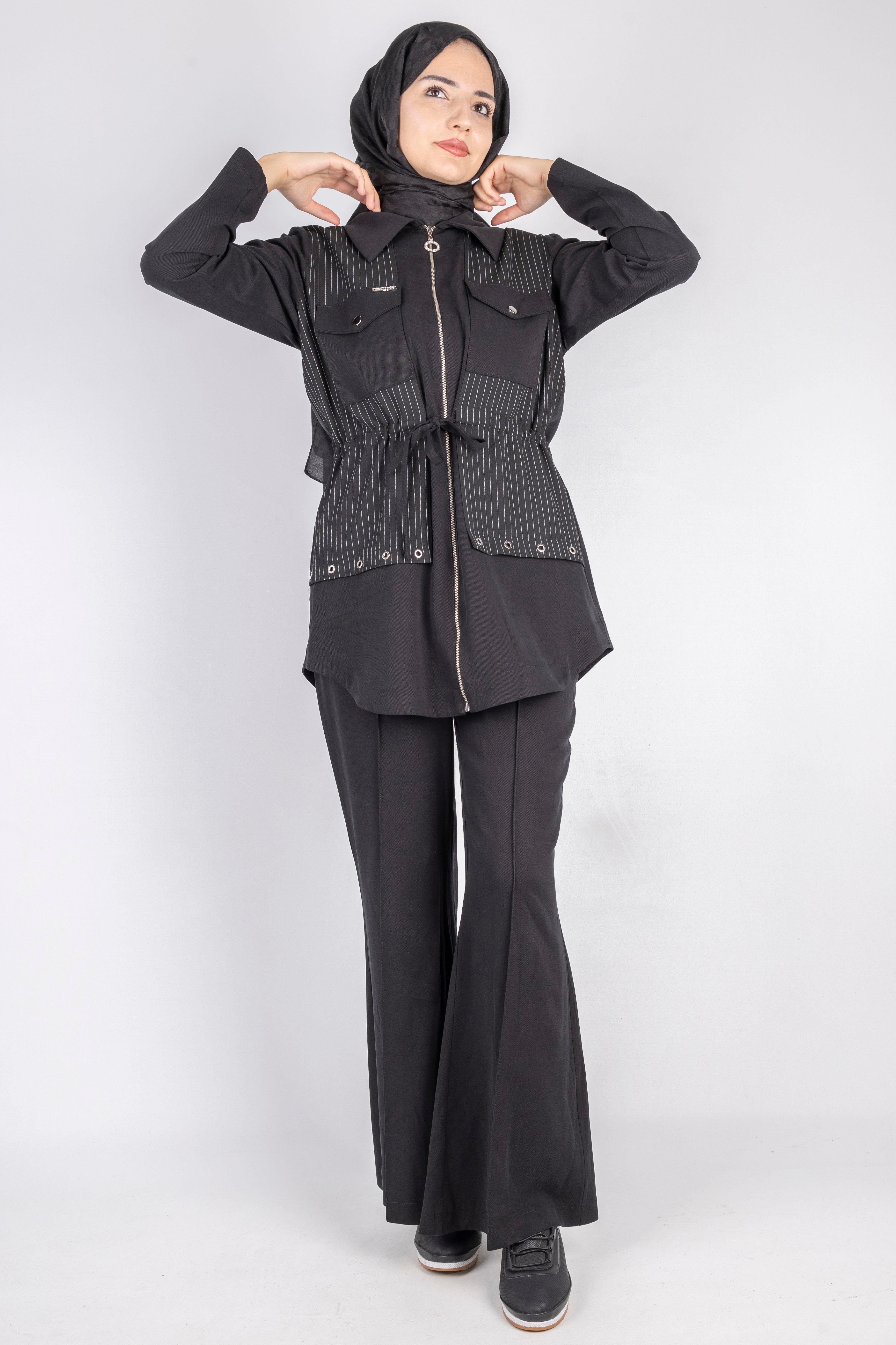 Beli Bağcıklı Spor Şık Çizgi Detaylı Takım Siyah OTW2660