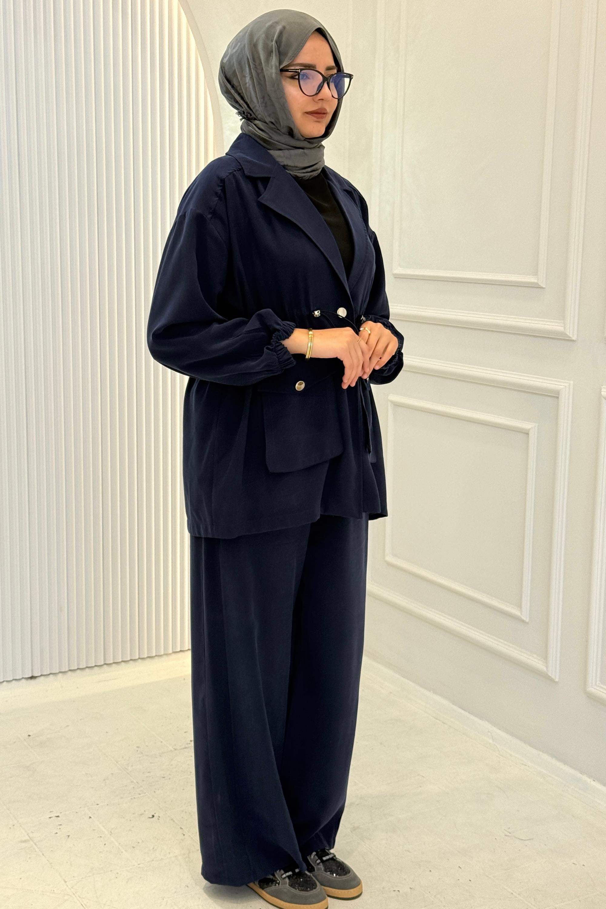 Beli Büzgülü Blazer Ceket Pantolon Takım Lacivert OTW74016