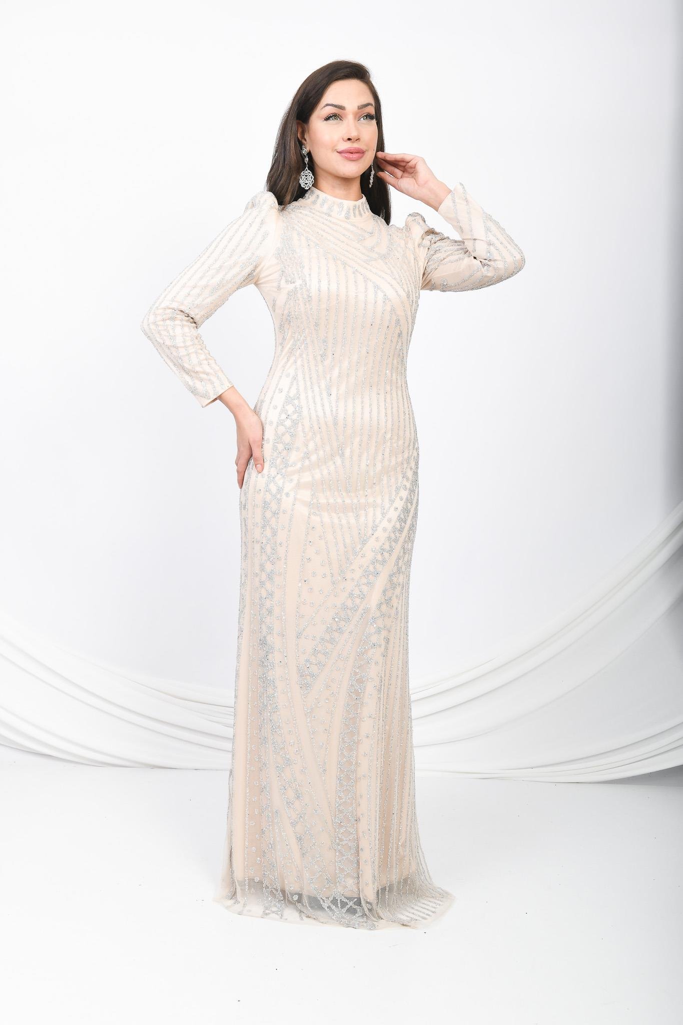 Boncuk İşlemeli Abiye Elbise Bej OTW3109