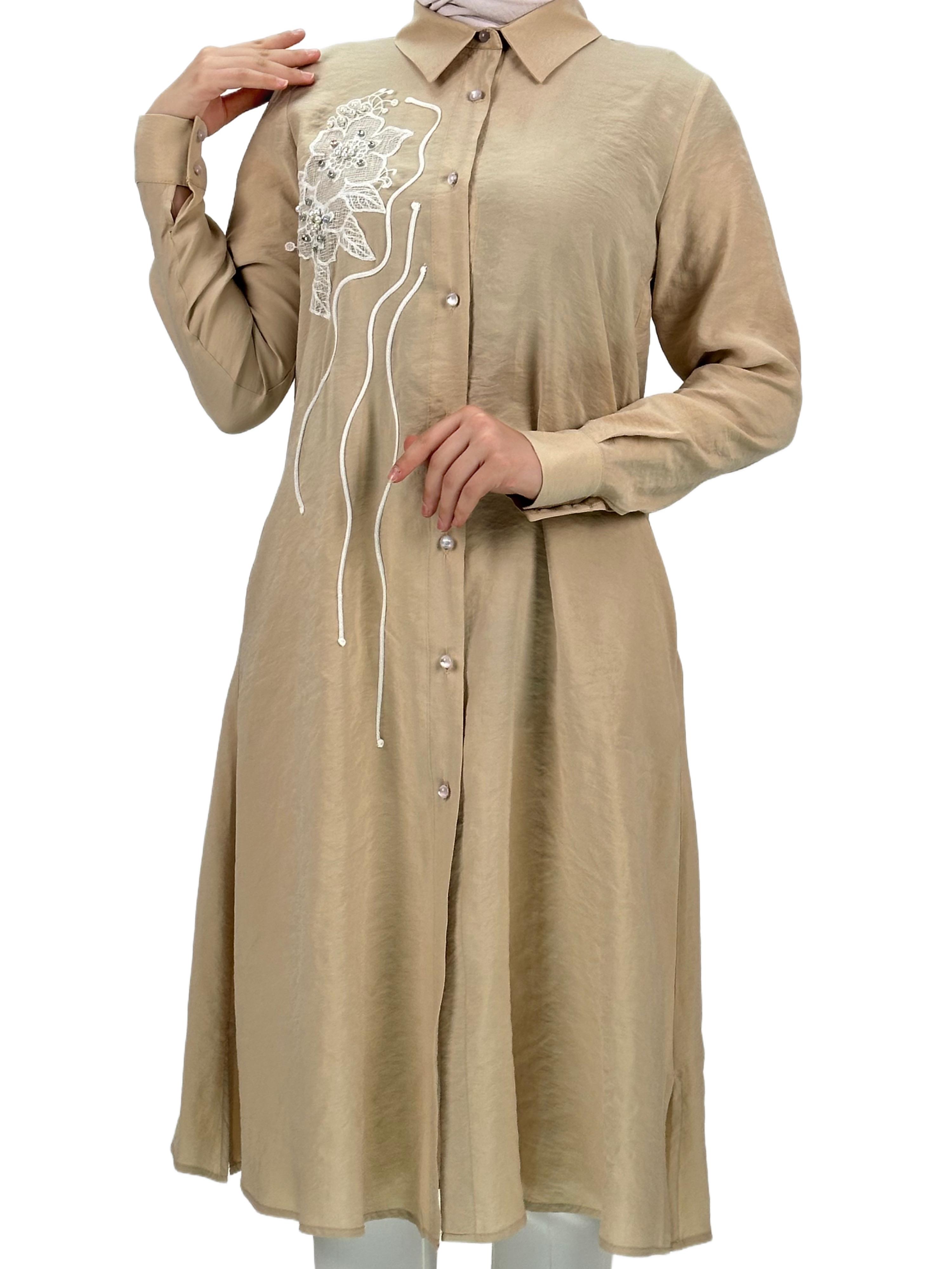 Boydan Düğmeli Tunik Bej OTW1269