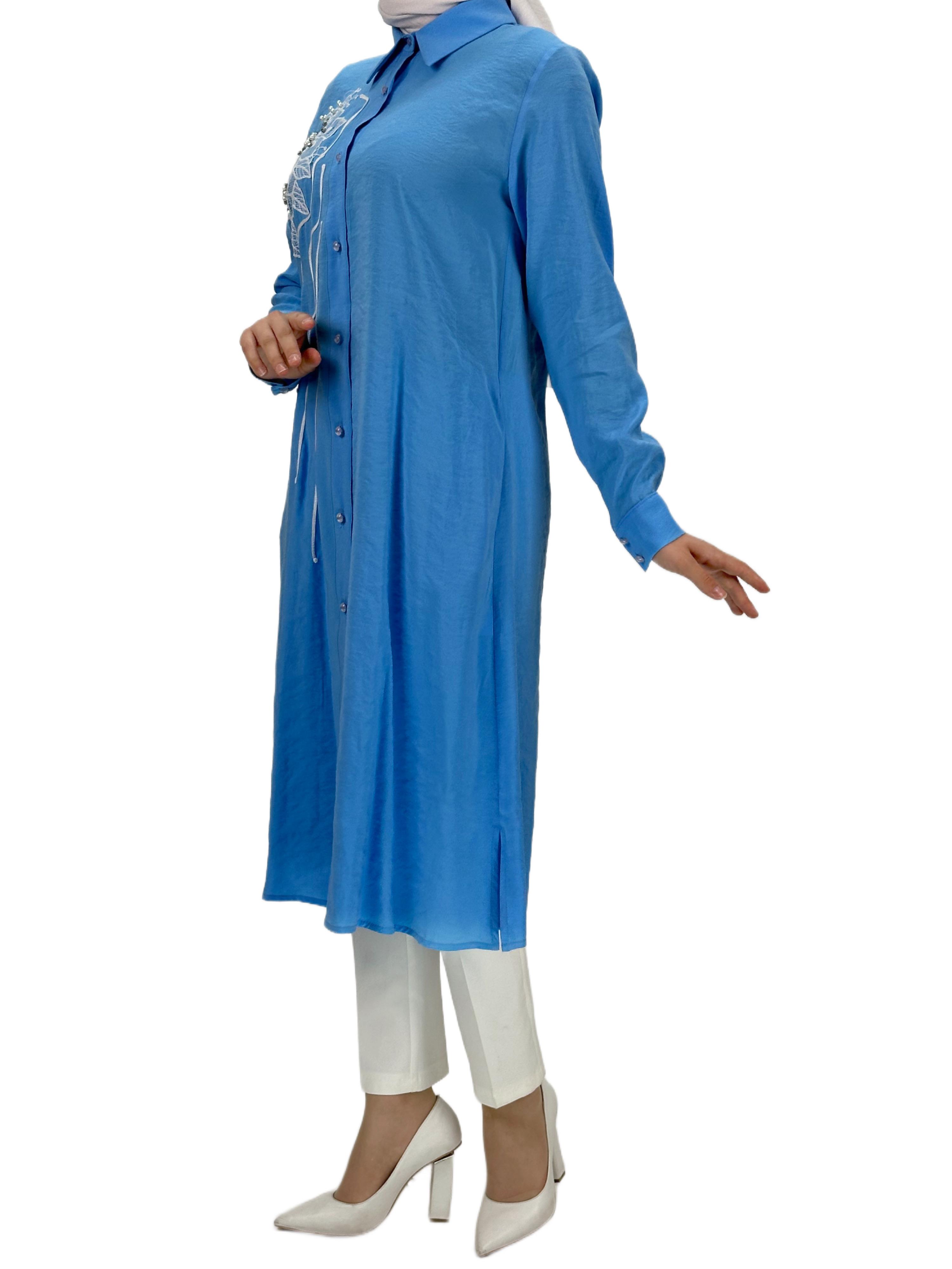Boydan Düğmeli Tunik Mavi OTW1269