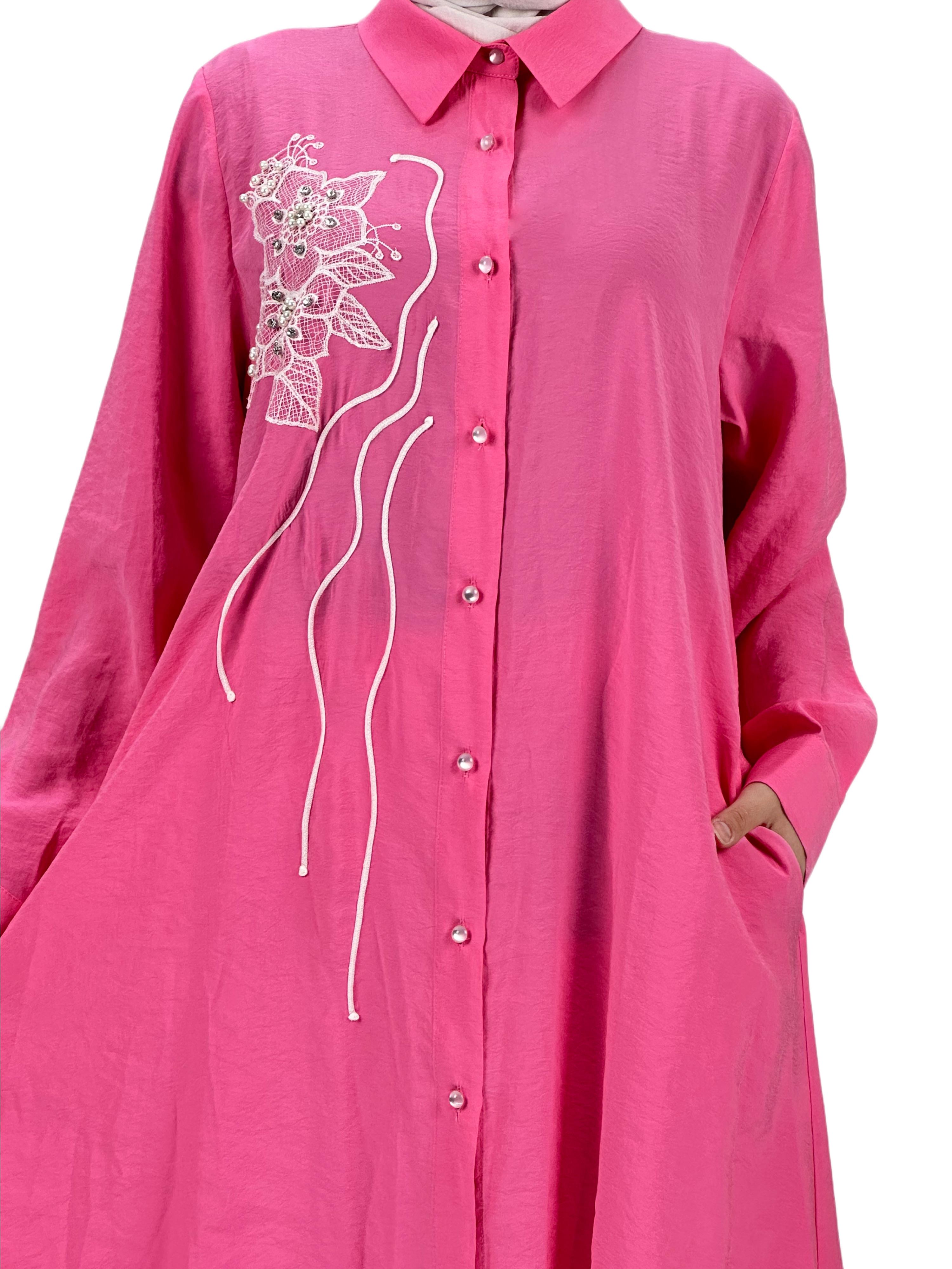 Boydan Düğmeli Tunik Pembe OTW1269