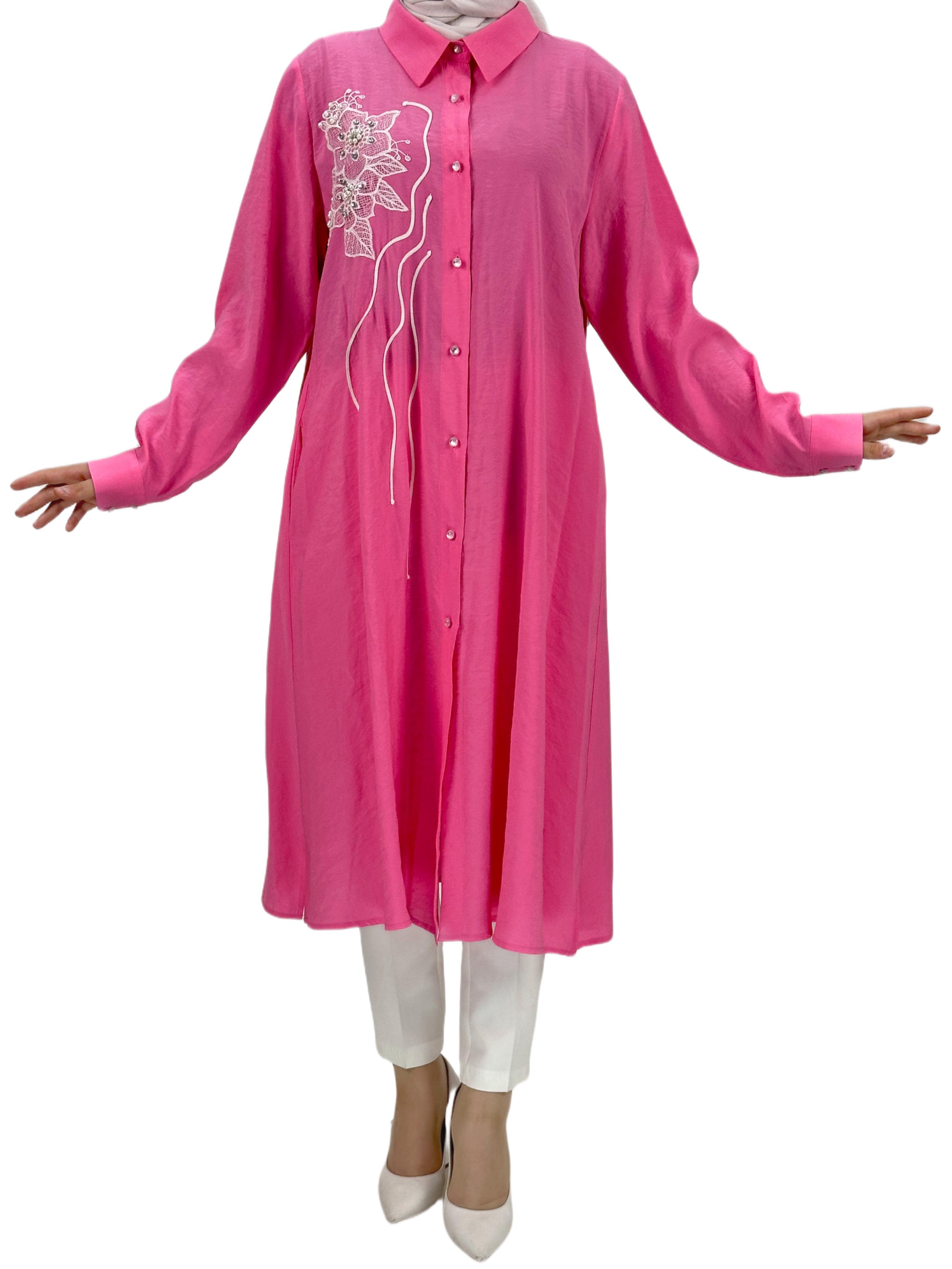 Boydan Düğmeli Tunik Pembe OTW1269