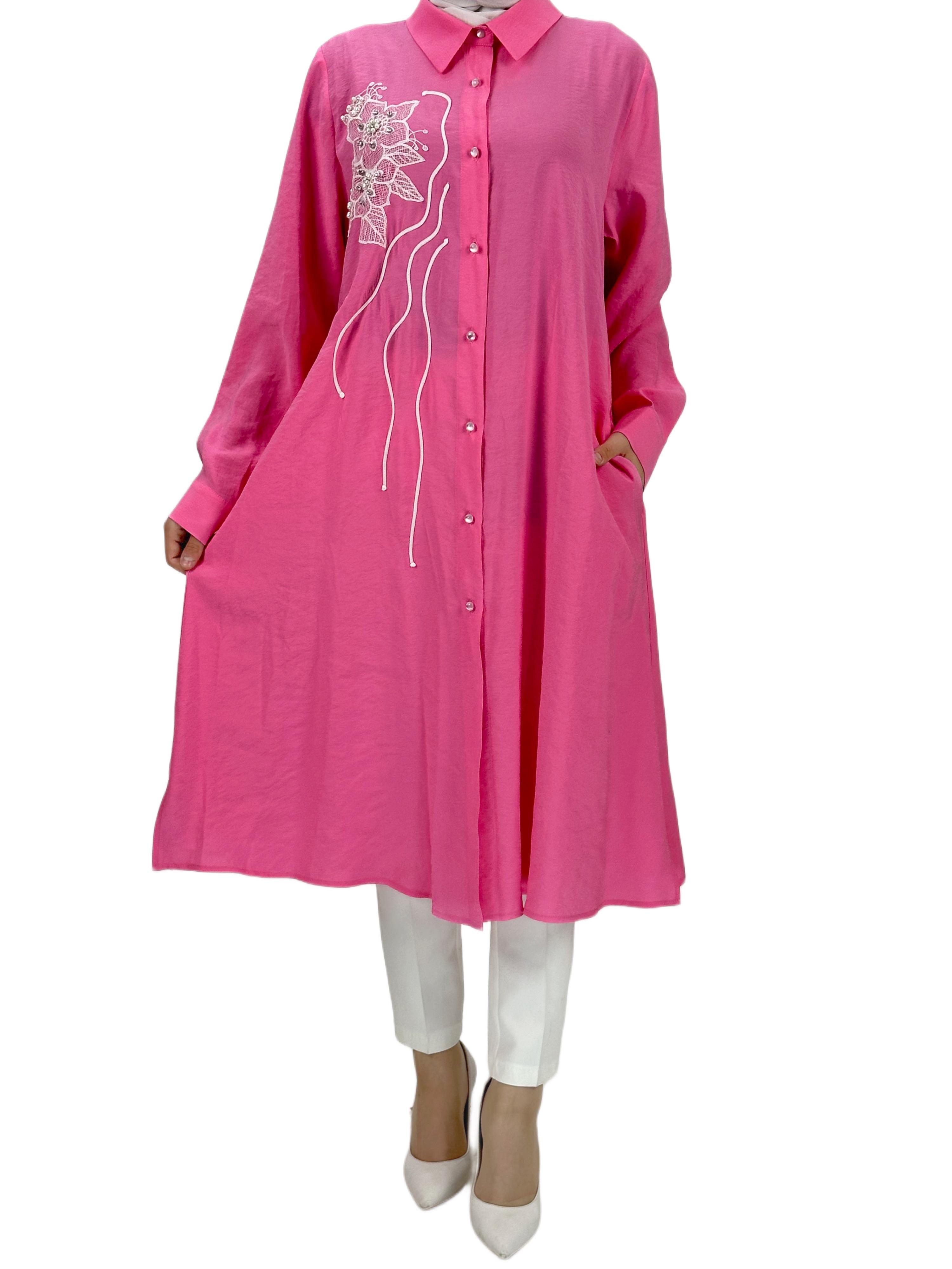 Boydan Düğmeli Tunik Pembe OTW1269