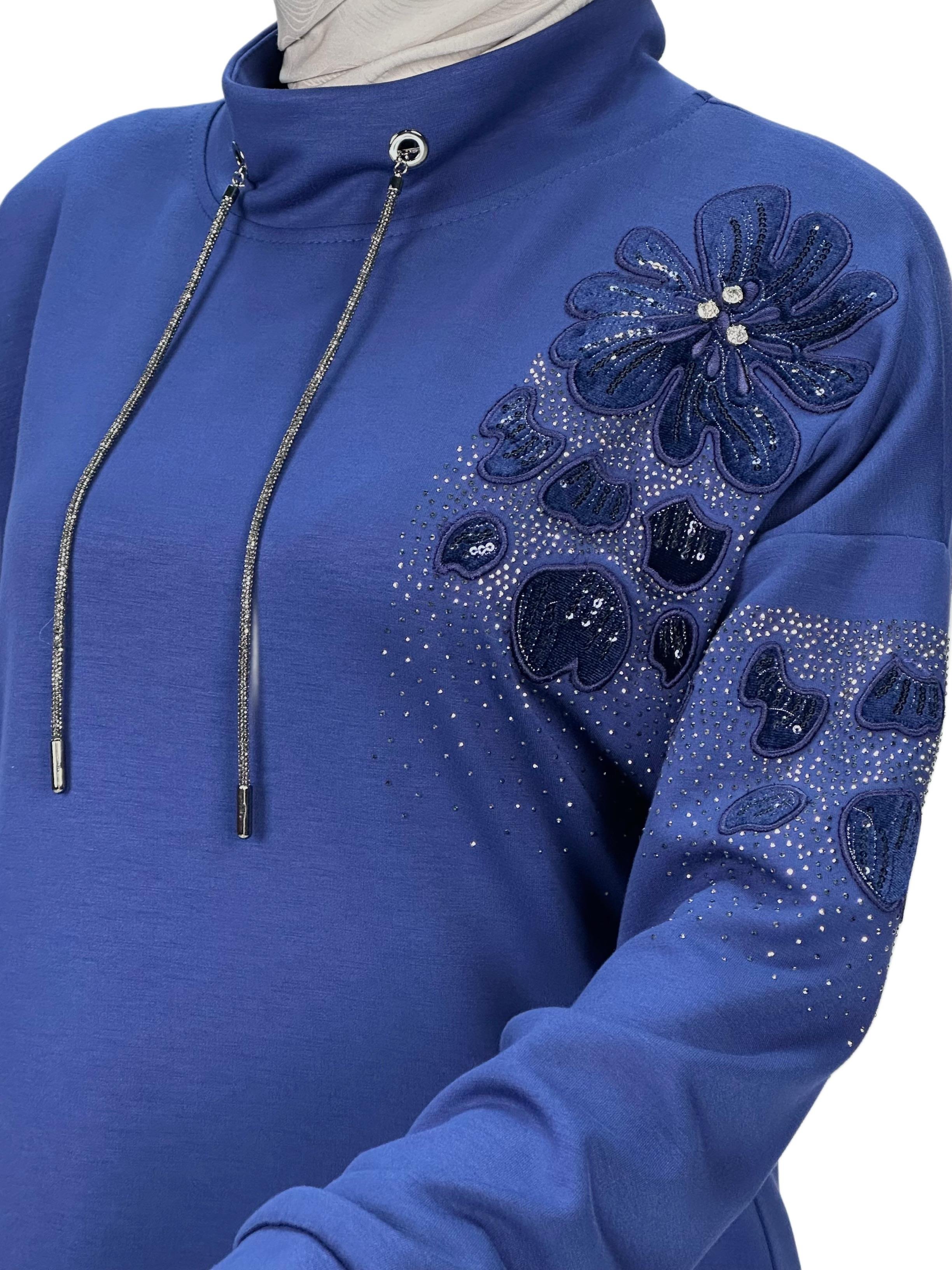 Büyük Beden Aplik Nakışlı Tunik Saks OTW2128