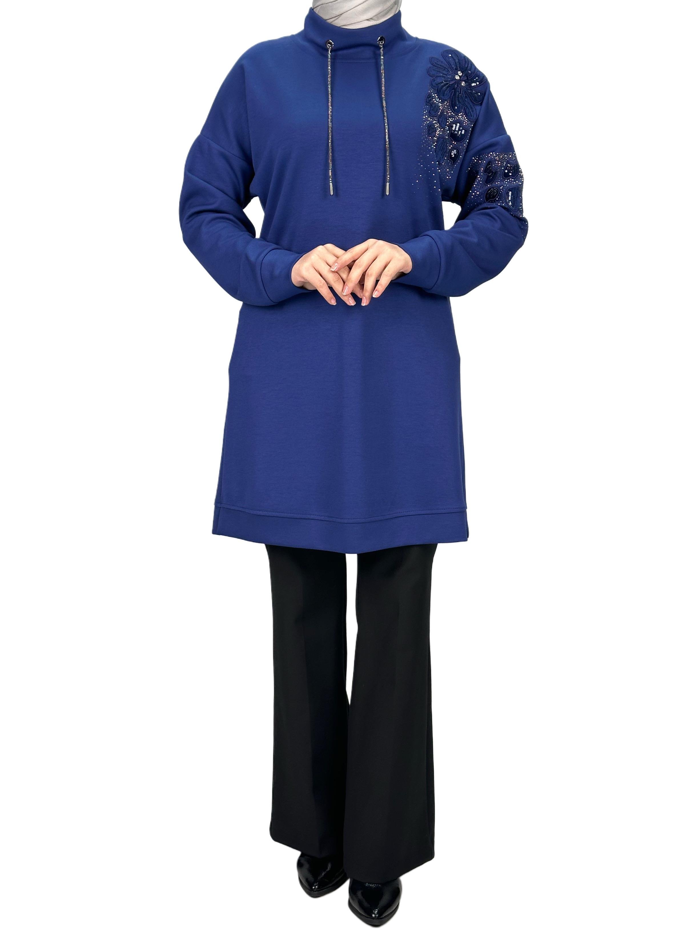 Büyük Beden Aplik Nakışlı Tunik Saks OTW2128