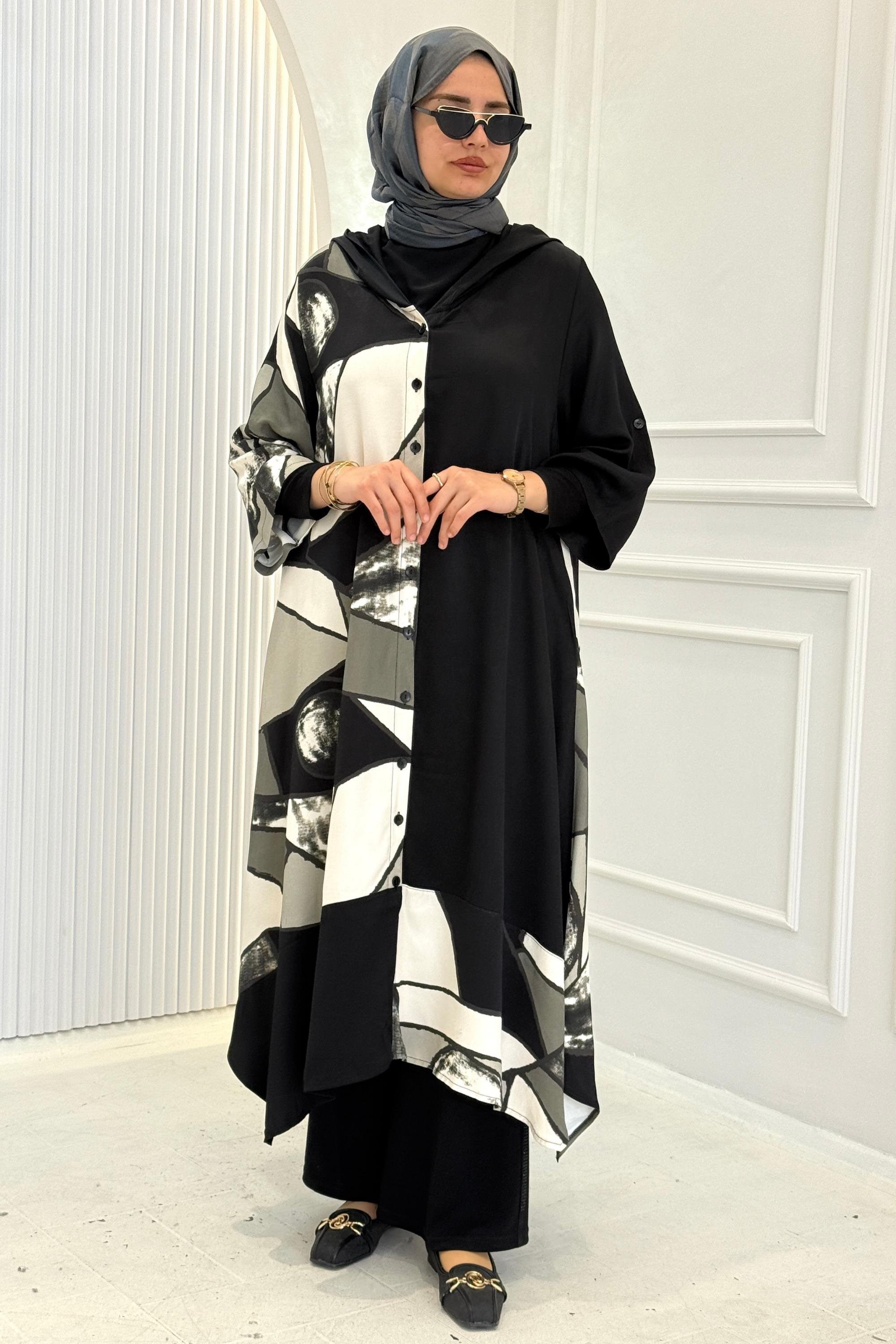 Büyük Beden Asimetrik Desenli Gömlek Kap Siyah OTW5044