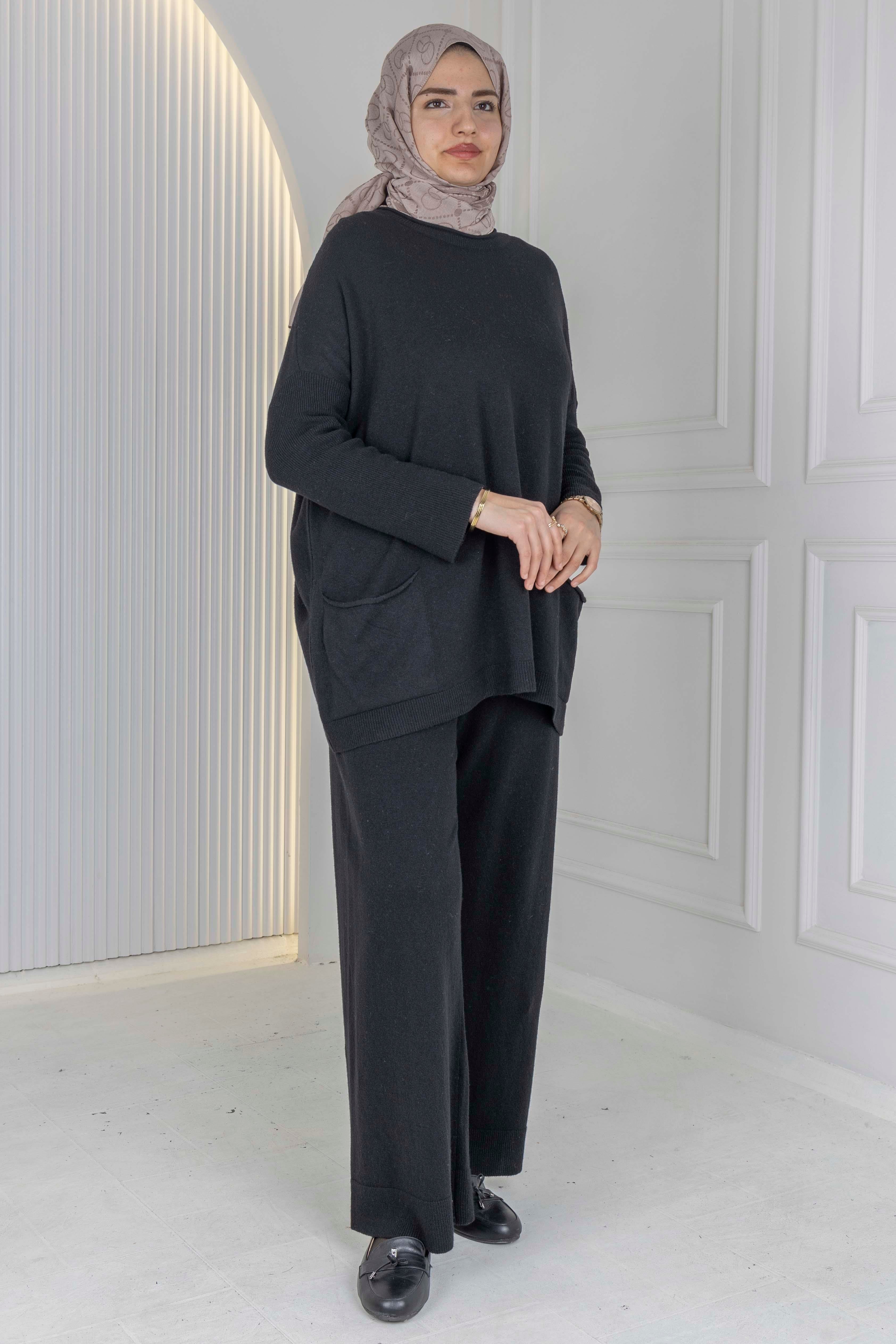 Büyük Beden Basic Triko Pantolonlu Takım Siyah OTW14231