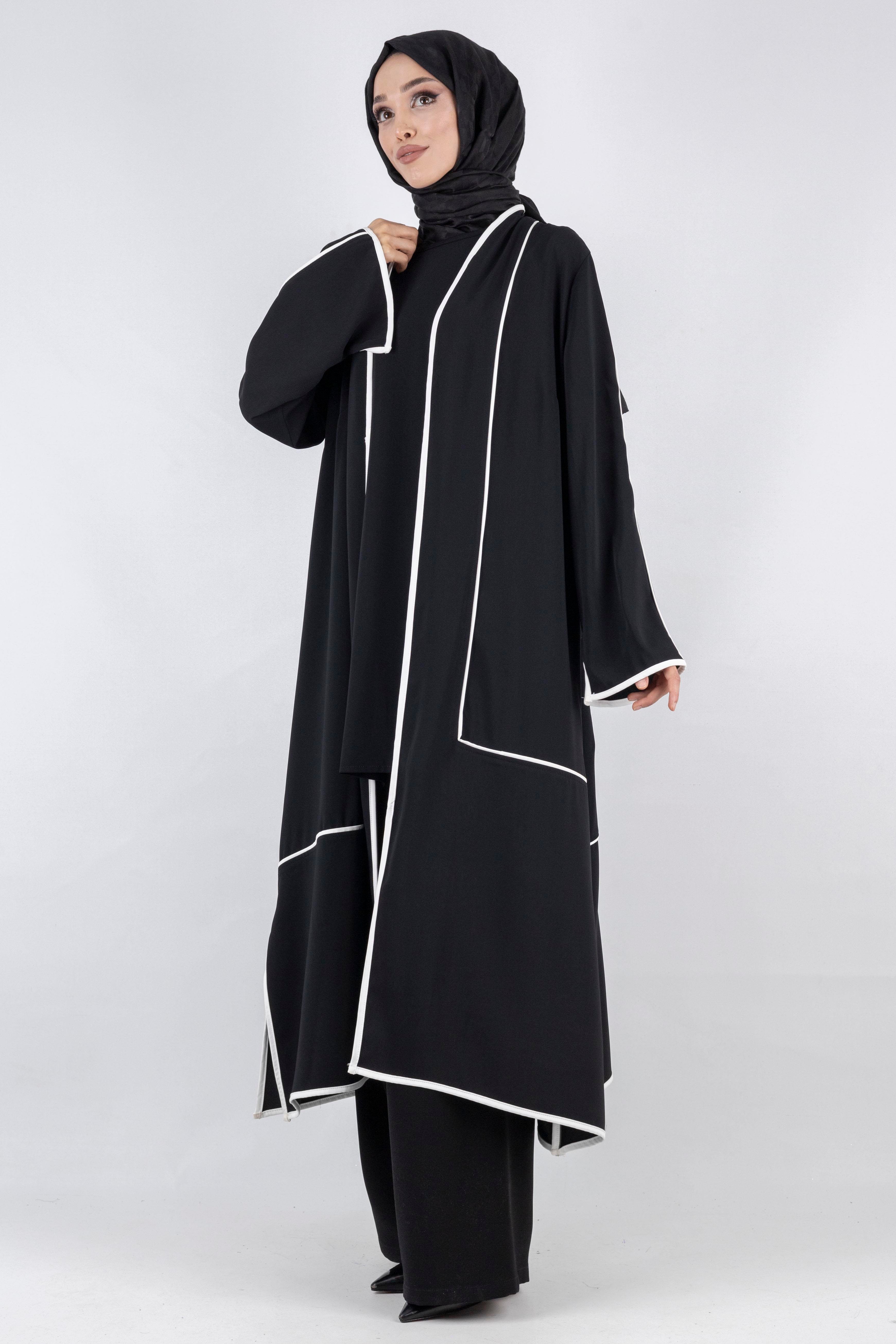 Büyük Beden Biyeli İçlik Ve Kimono Takım Siyah OTW1023