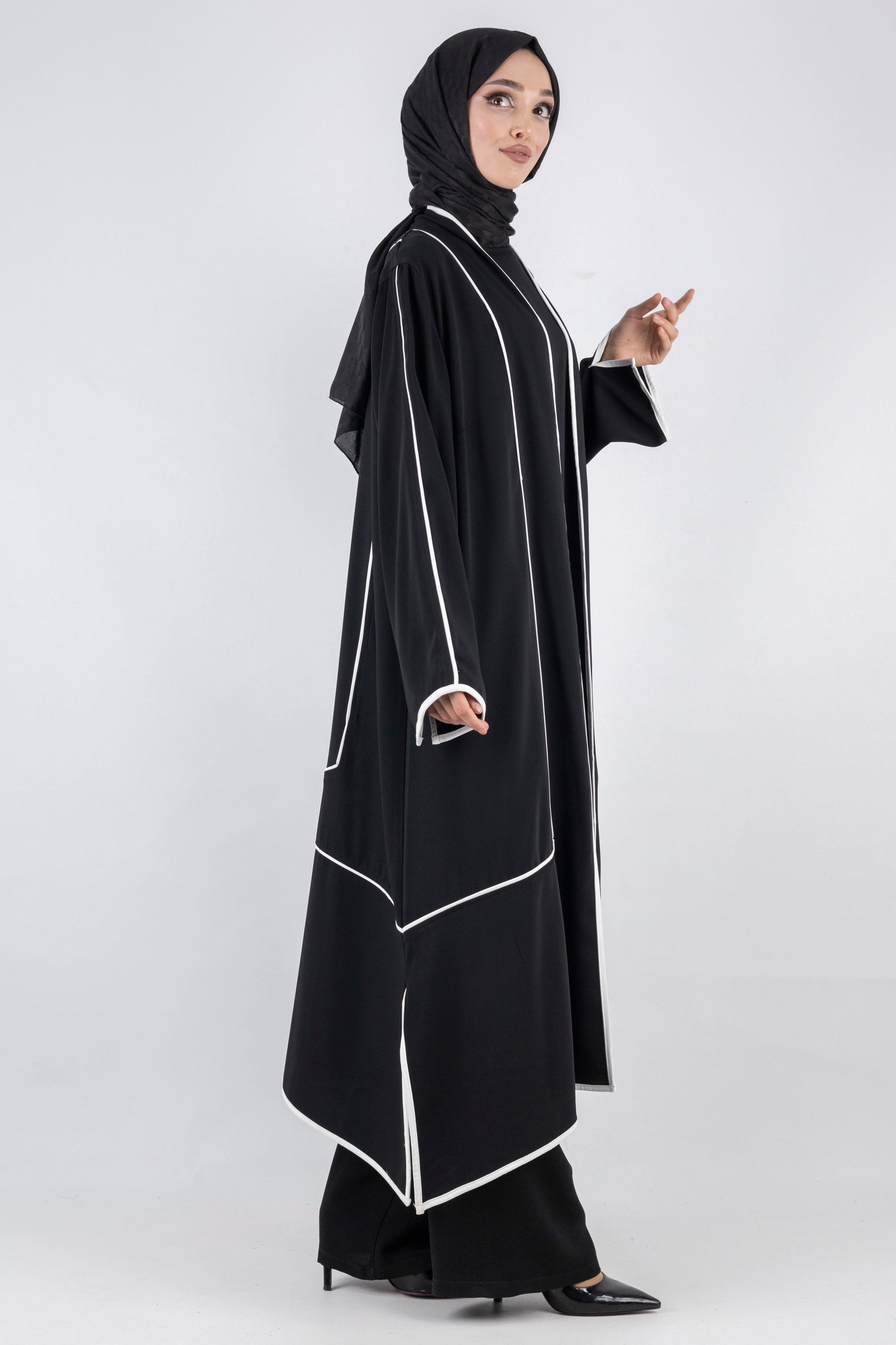 Büyük Beden Biyeli İçlik Ve Kimono Takım Siyah OTW1023