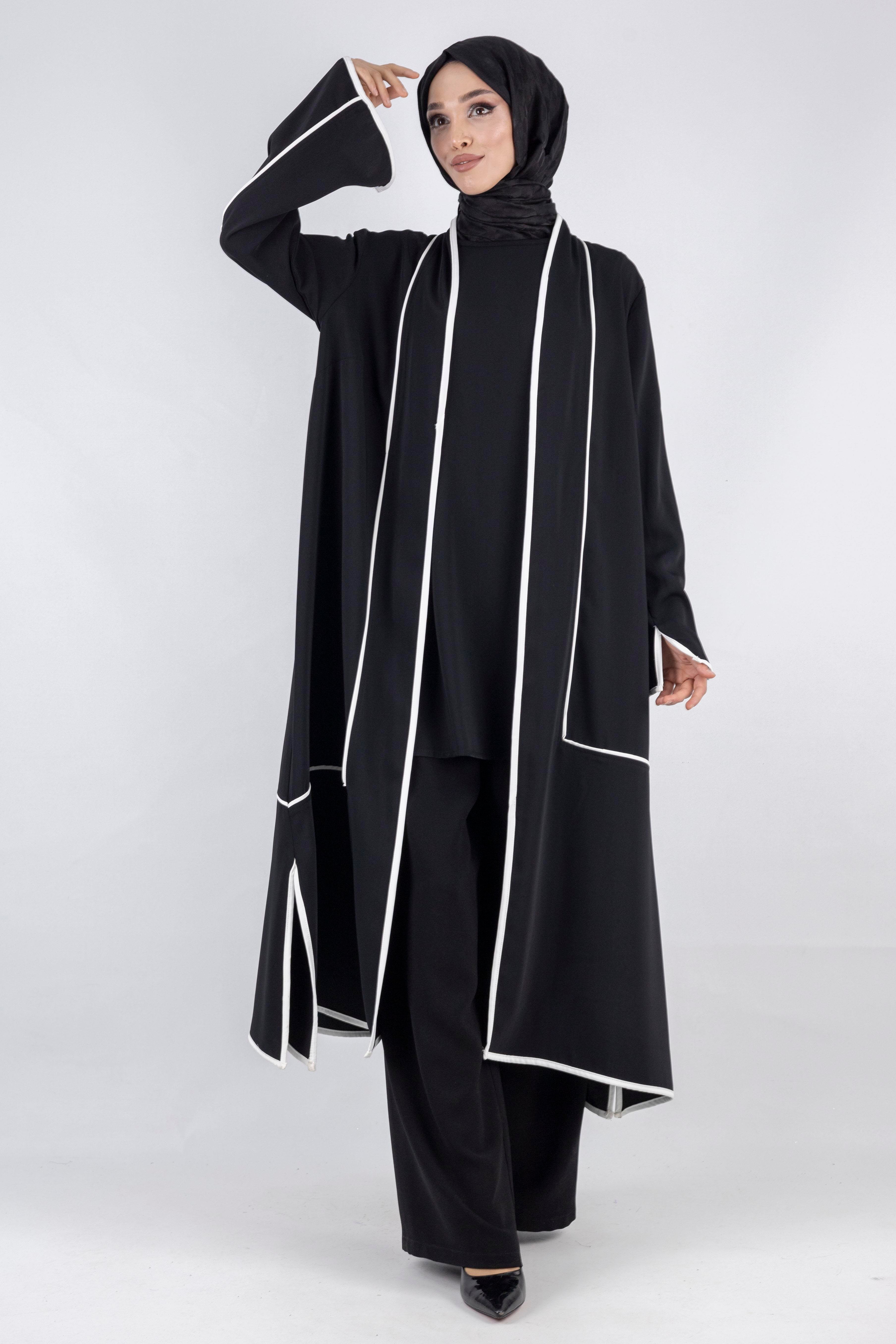 Büyük Beden Biyeli İçlik Ve Kimono Takım Siyah OTW1023