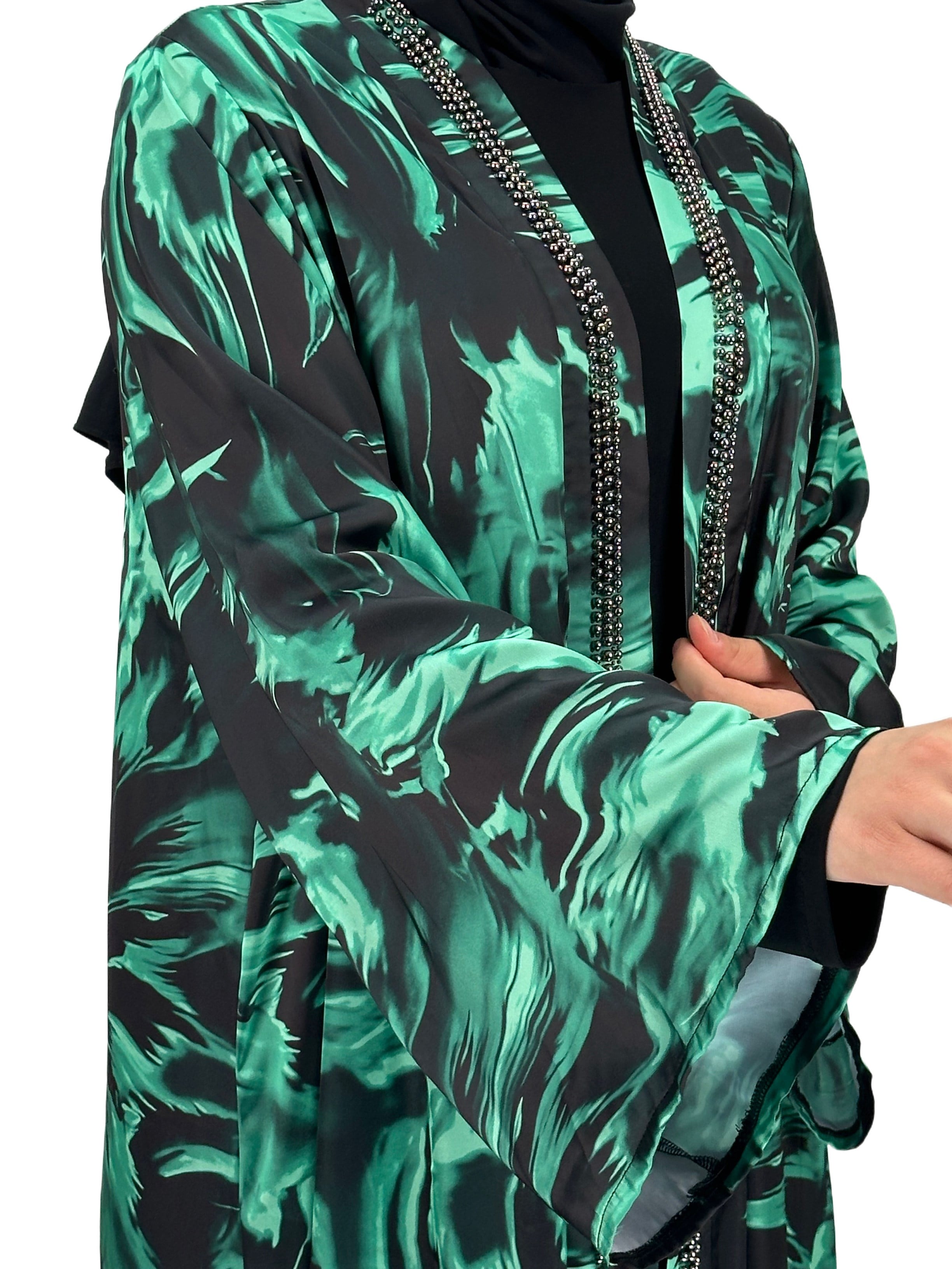 Büyük Beden Çakma İnci Detaylı Desenli Saten Abaya Takım Yeşil OTW2929