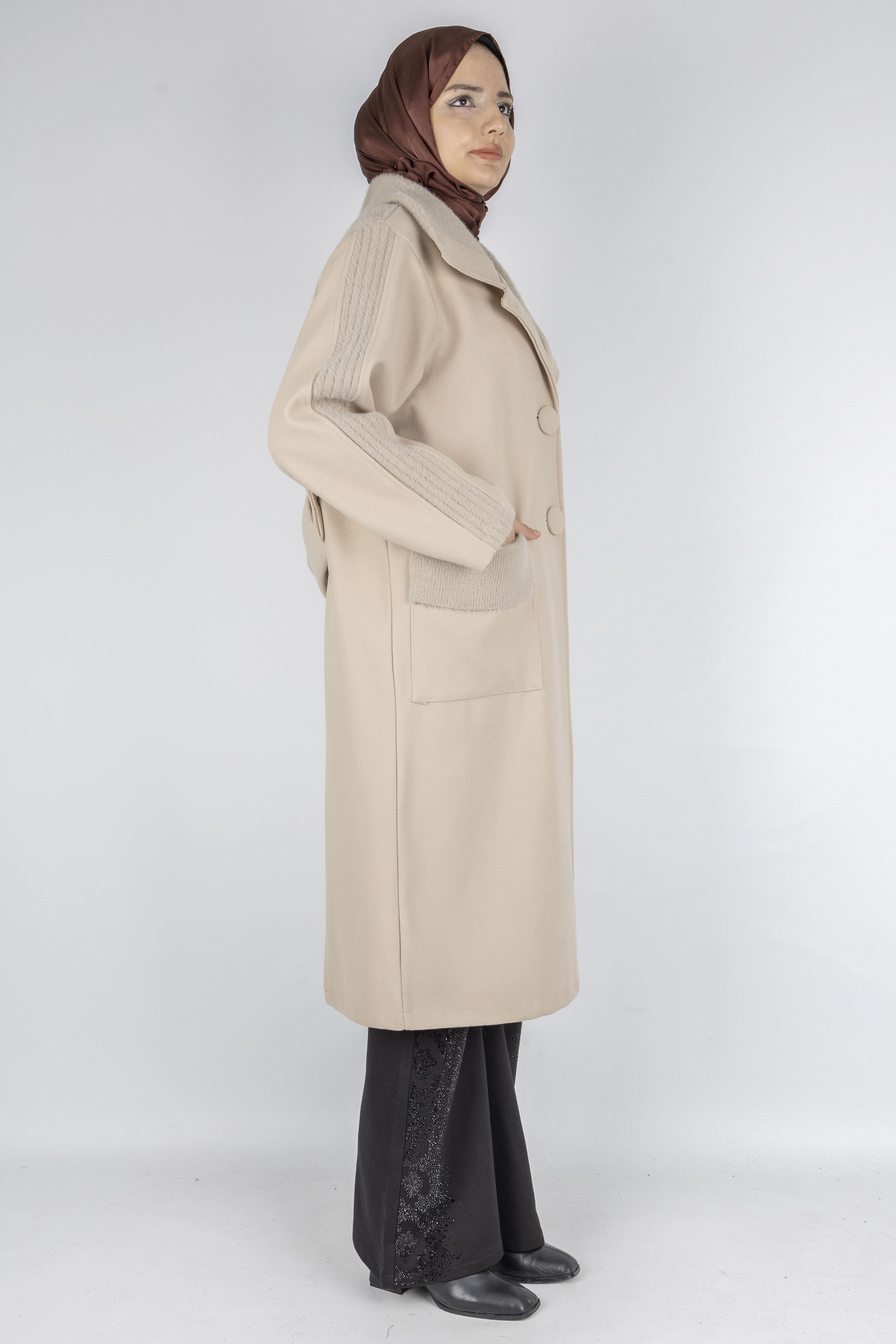 Büyük Beden Cepli Modern Kaşe Kaban Bej OTW9822