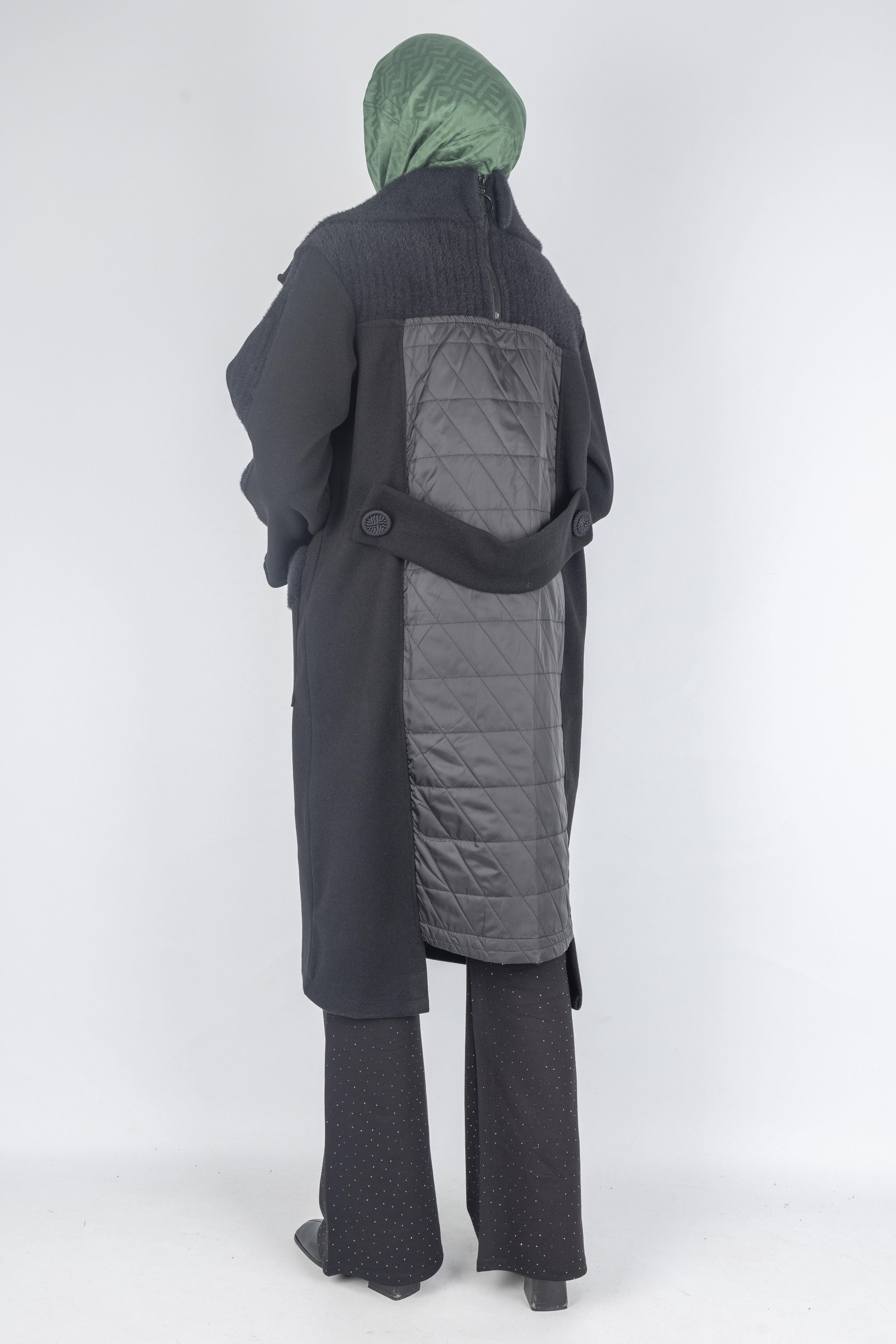 Büyük Beden Cepli Modern Kaşe Kaban Siyah OTW9822