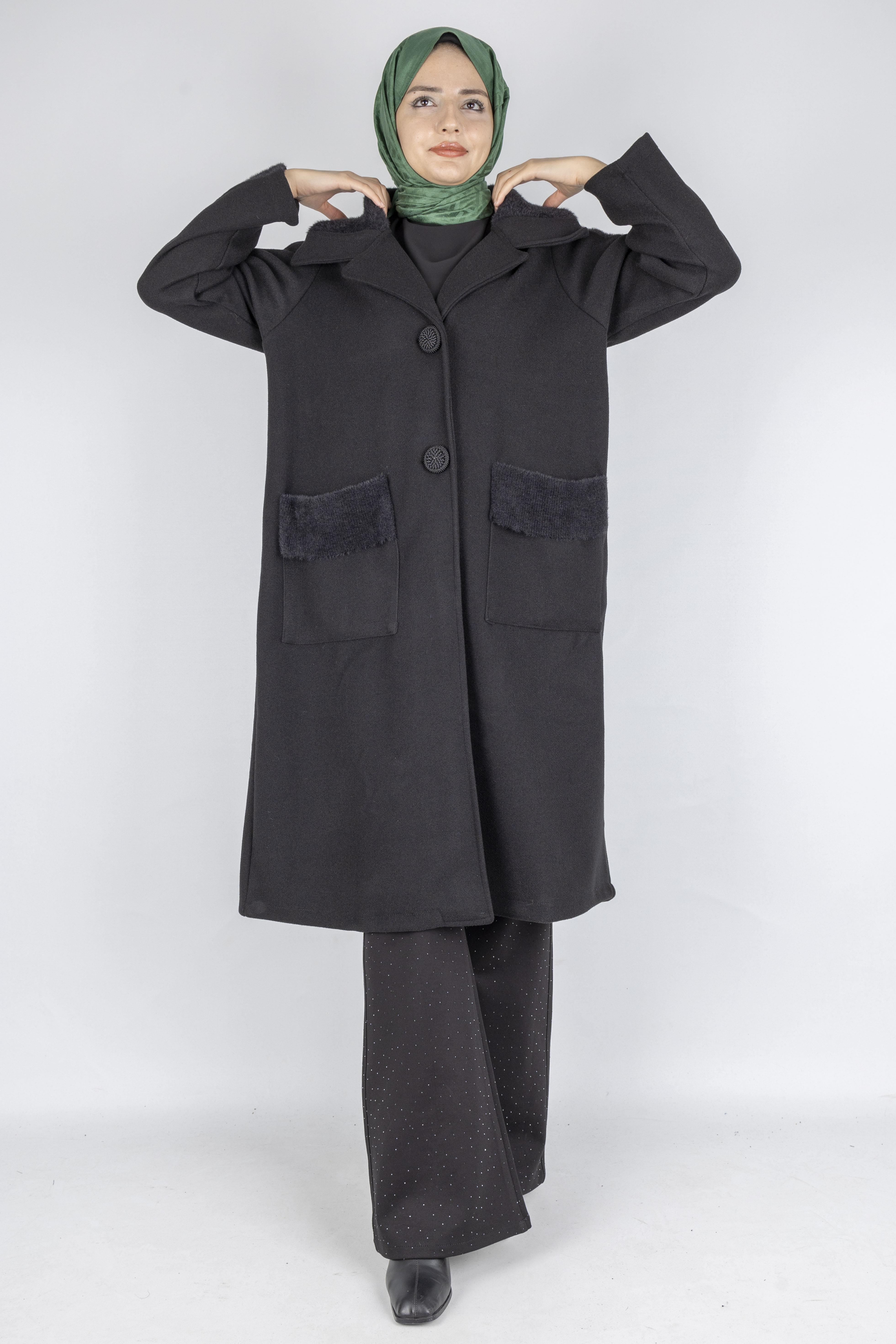 Büyük Beden Cepli Modern Kaşe Kaban Siyah OTW9822