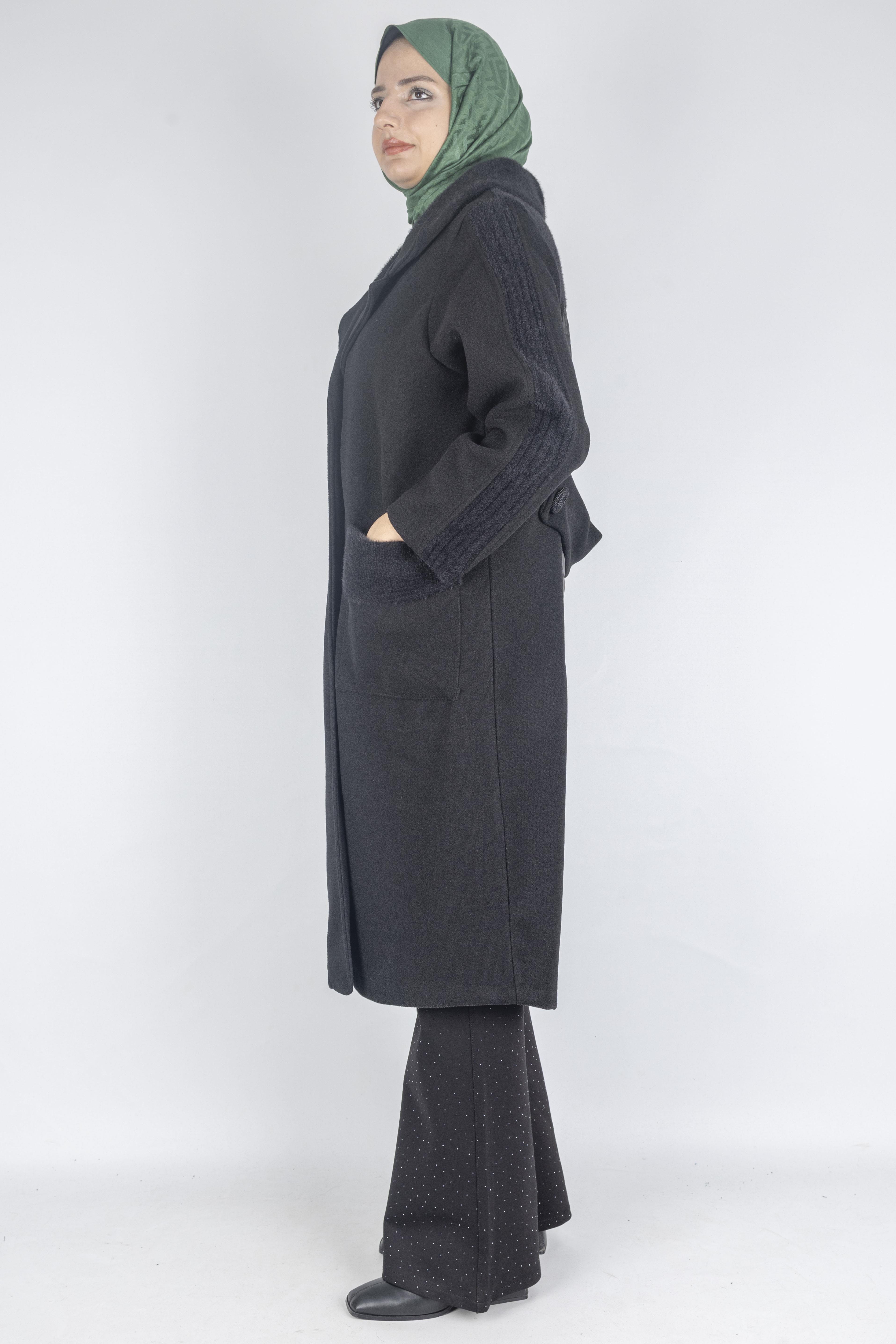 Büyük Beden Cepli Modern Kaşe Kaban Siyah OTW9822